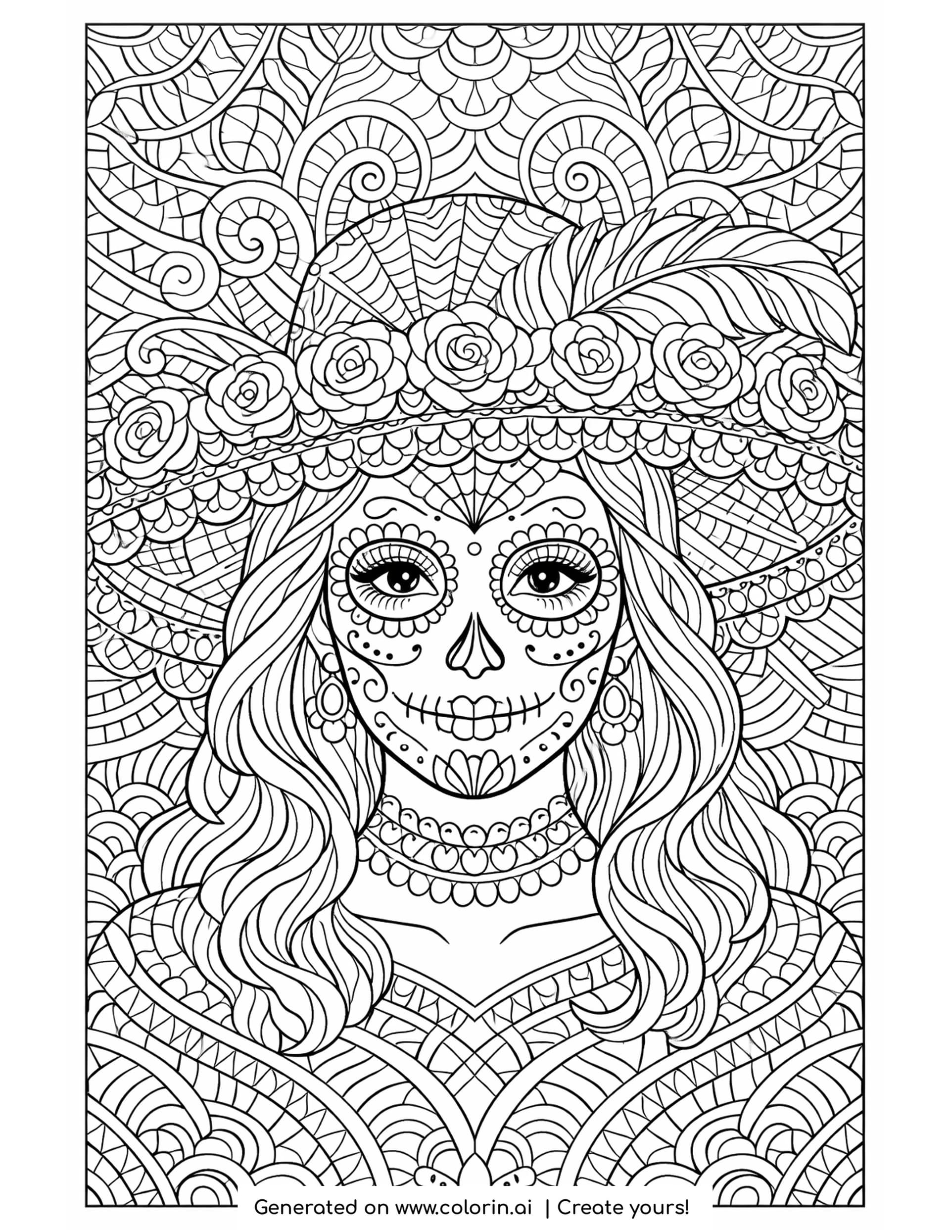 catrina zentangle coloring pages, catrina face and wide hat filled and framed with repeating zentangle patterns