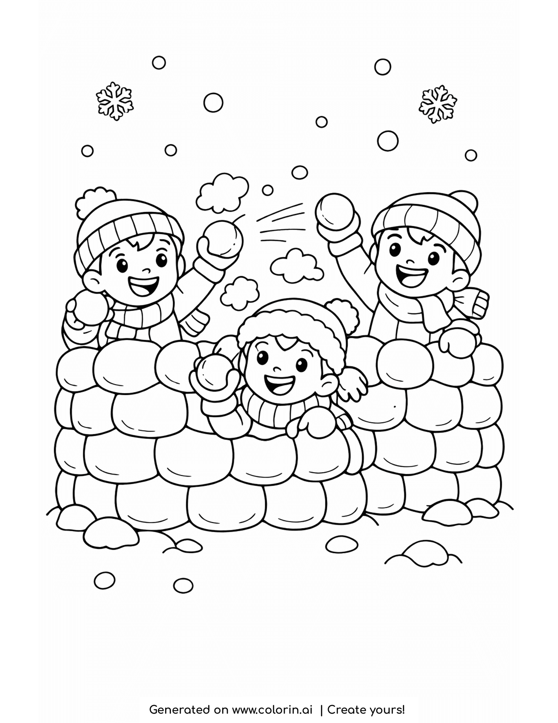 winter sports coloring pages, three cheerful kids having a snowball fight behind a snow wall with snowballs flying