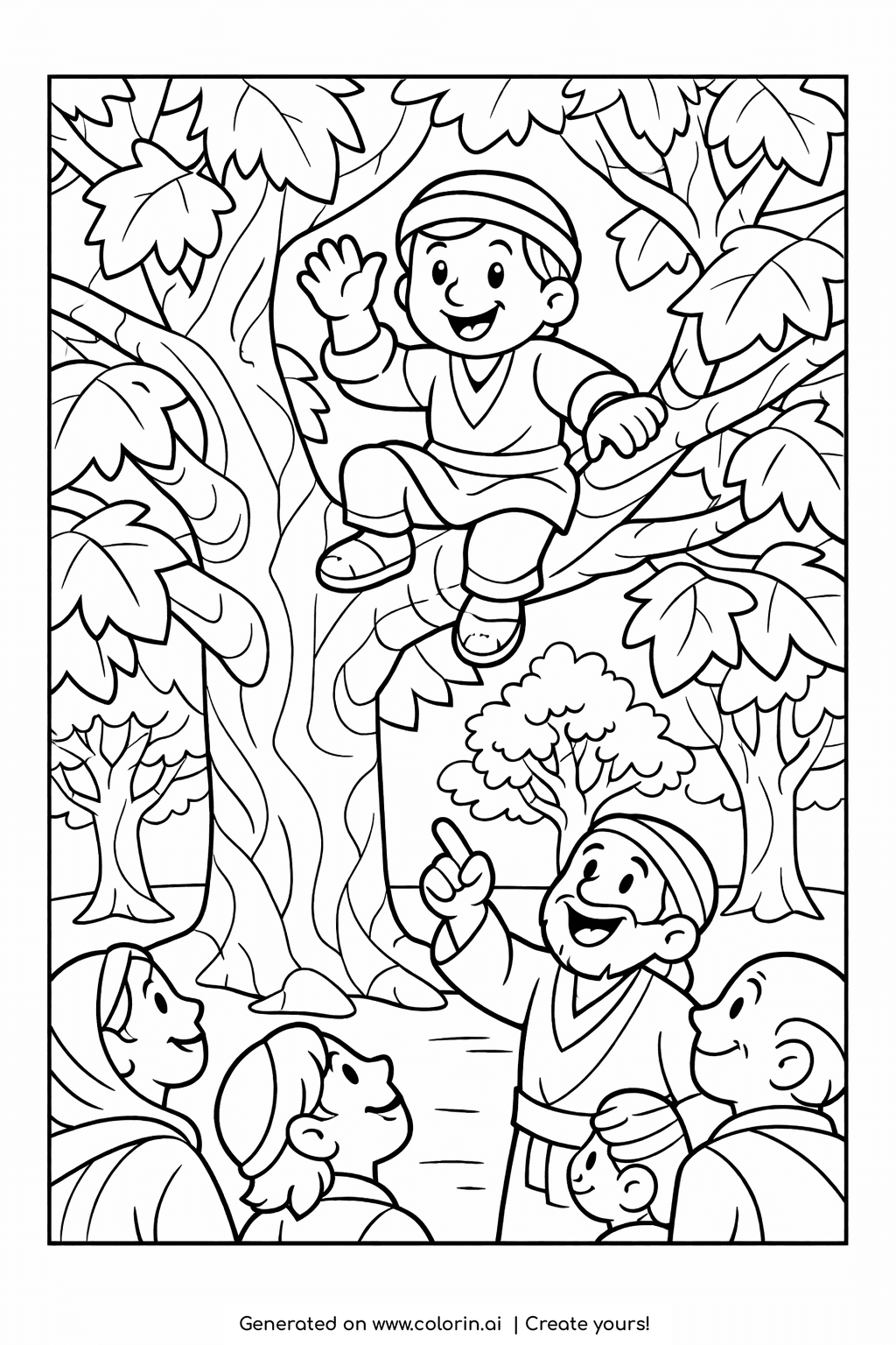 simple bible coloring pages, a happy Zacchaeus up in a leafy sycamore tree waving at the crowd below