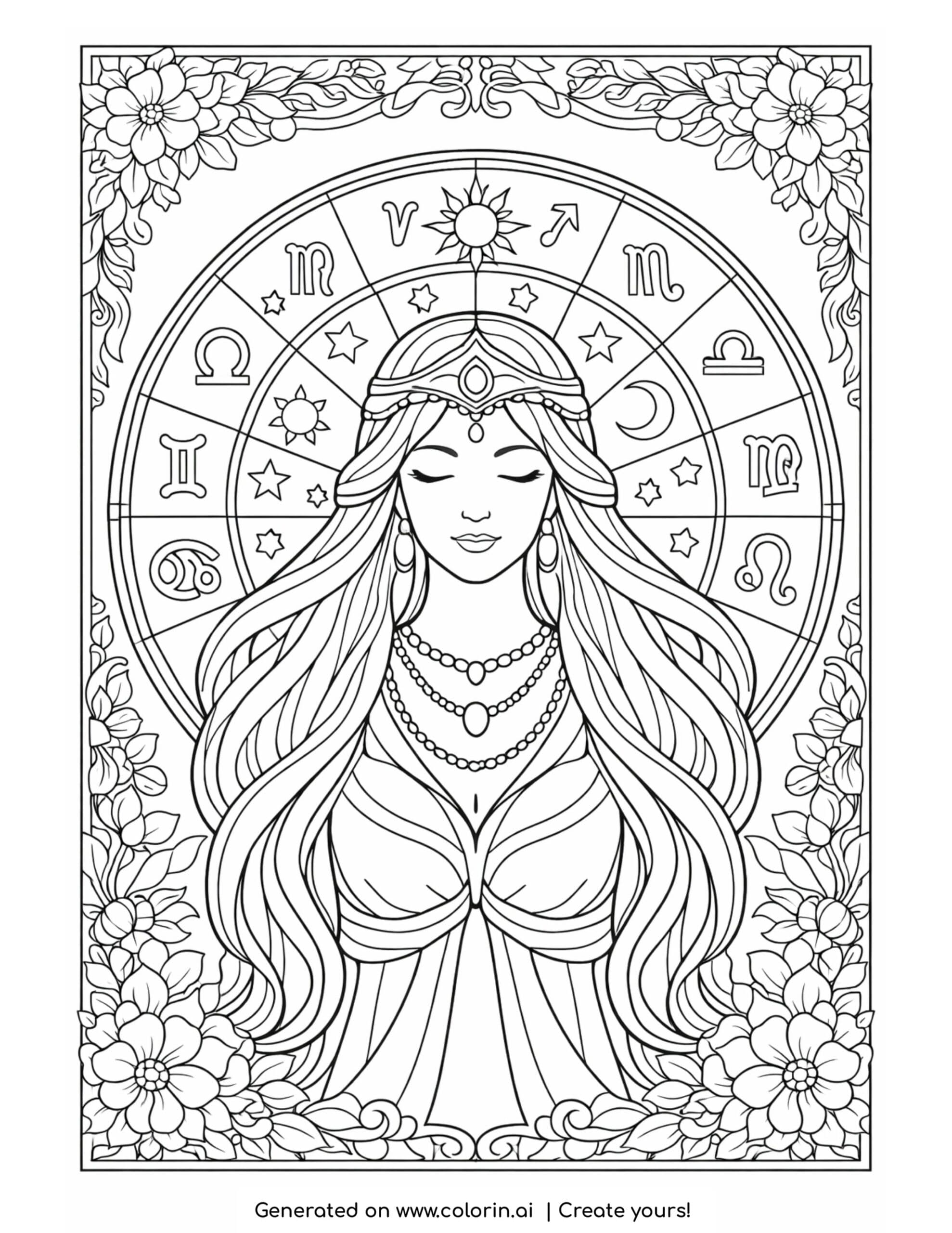 goddess with zodiac wheel coloring page with stars and floral border