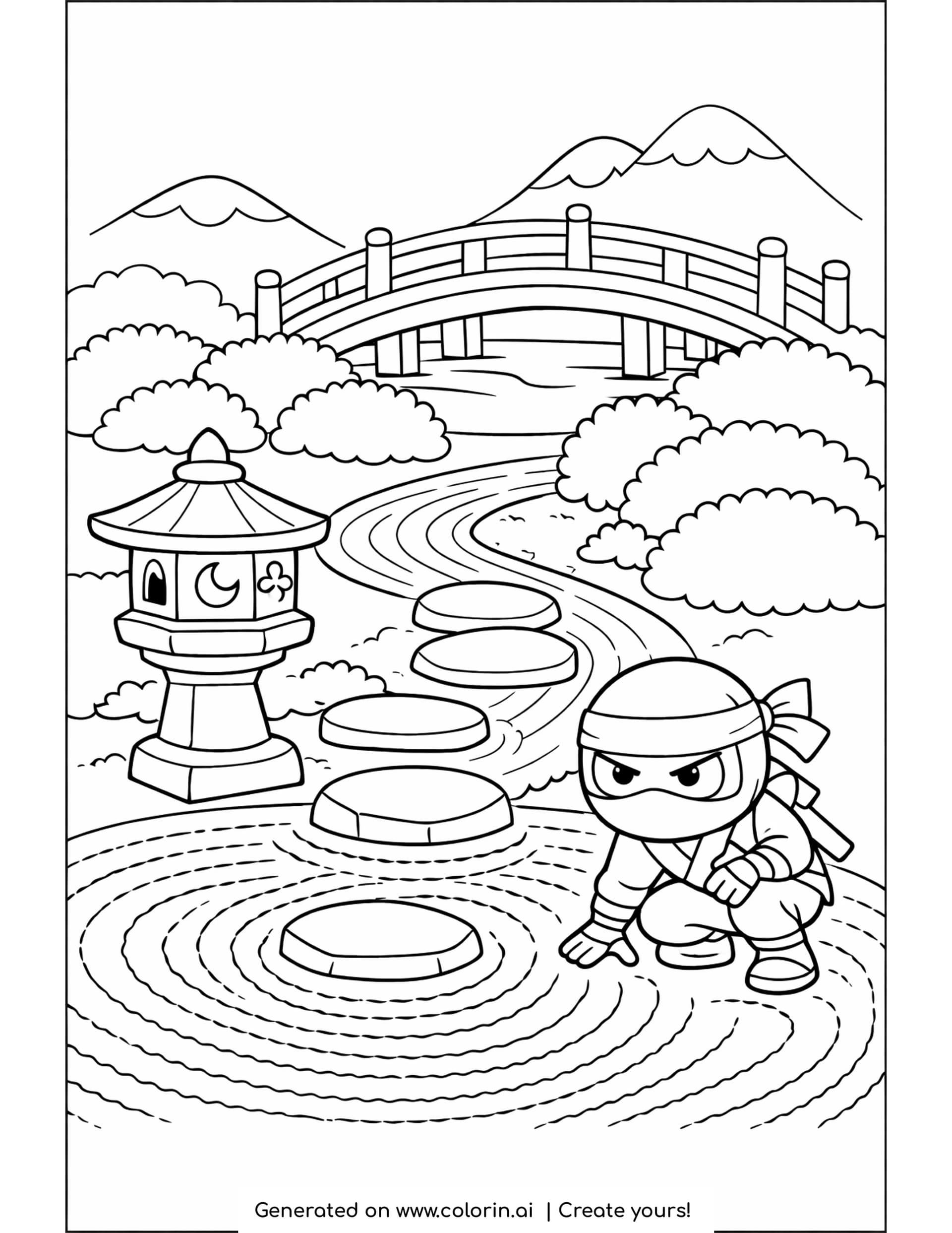 japanese garden coloring pages - raked gravel garden with a stone lantern, stepping stones and an arched bridge