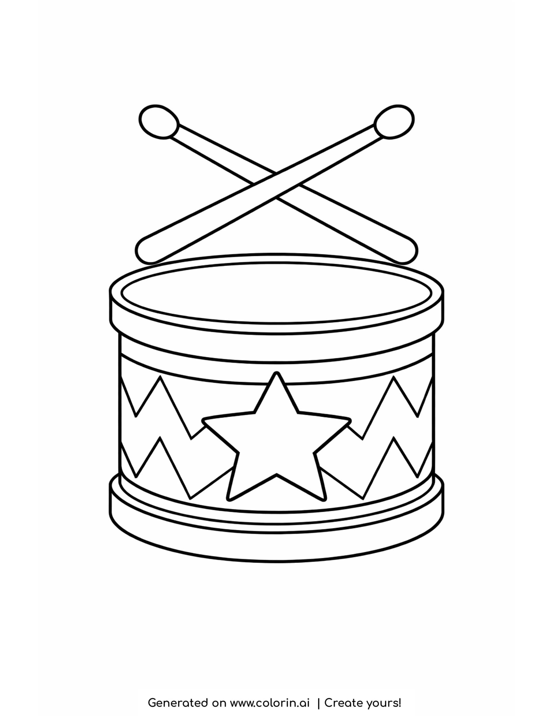 simple drum coloring pages - a round toy drum with a zigzag band, a large star and two crossed sticks above it