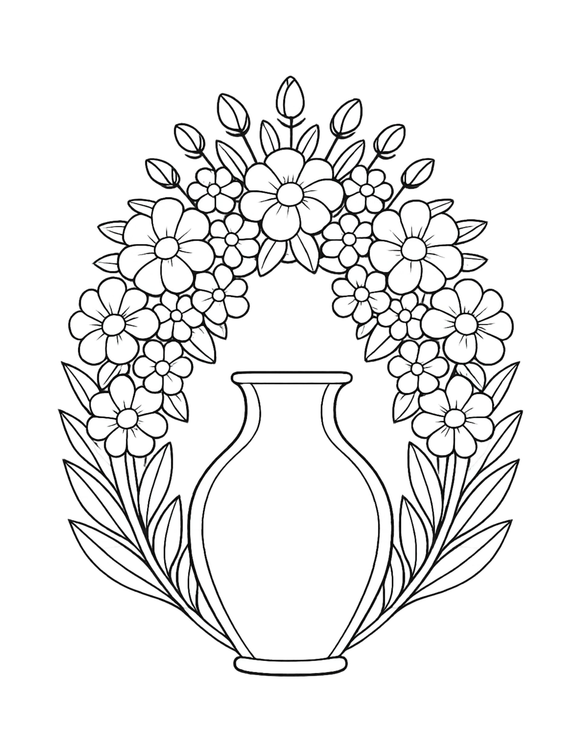 flower arch around vase coloring page with a floral wreath above a simple vase and leafy branches coloring page