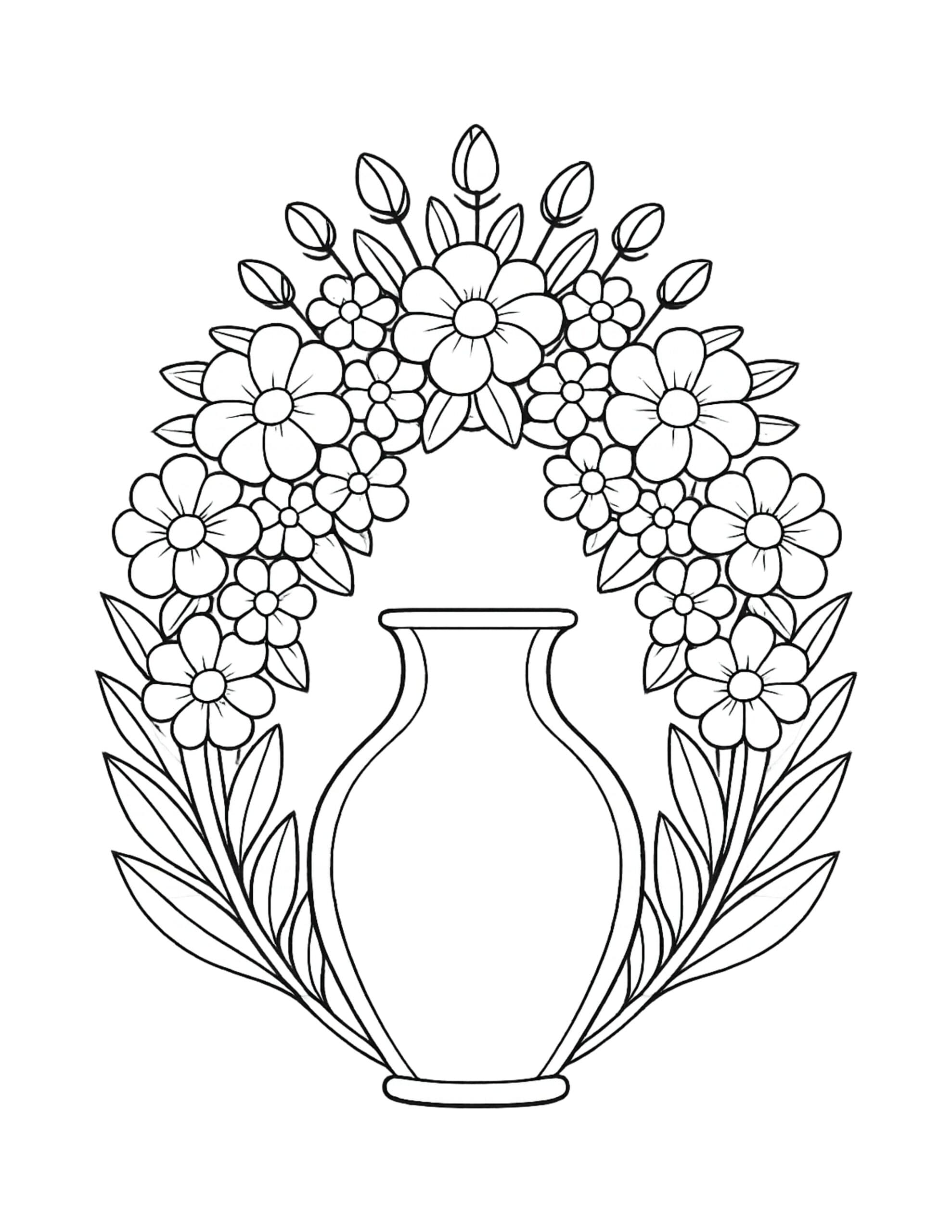 flower arch around vase coloring page with a floral wreath above a simple vase and leafy branches coloring page
