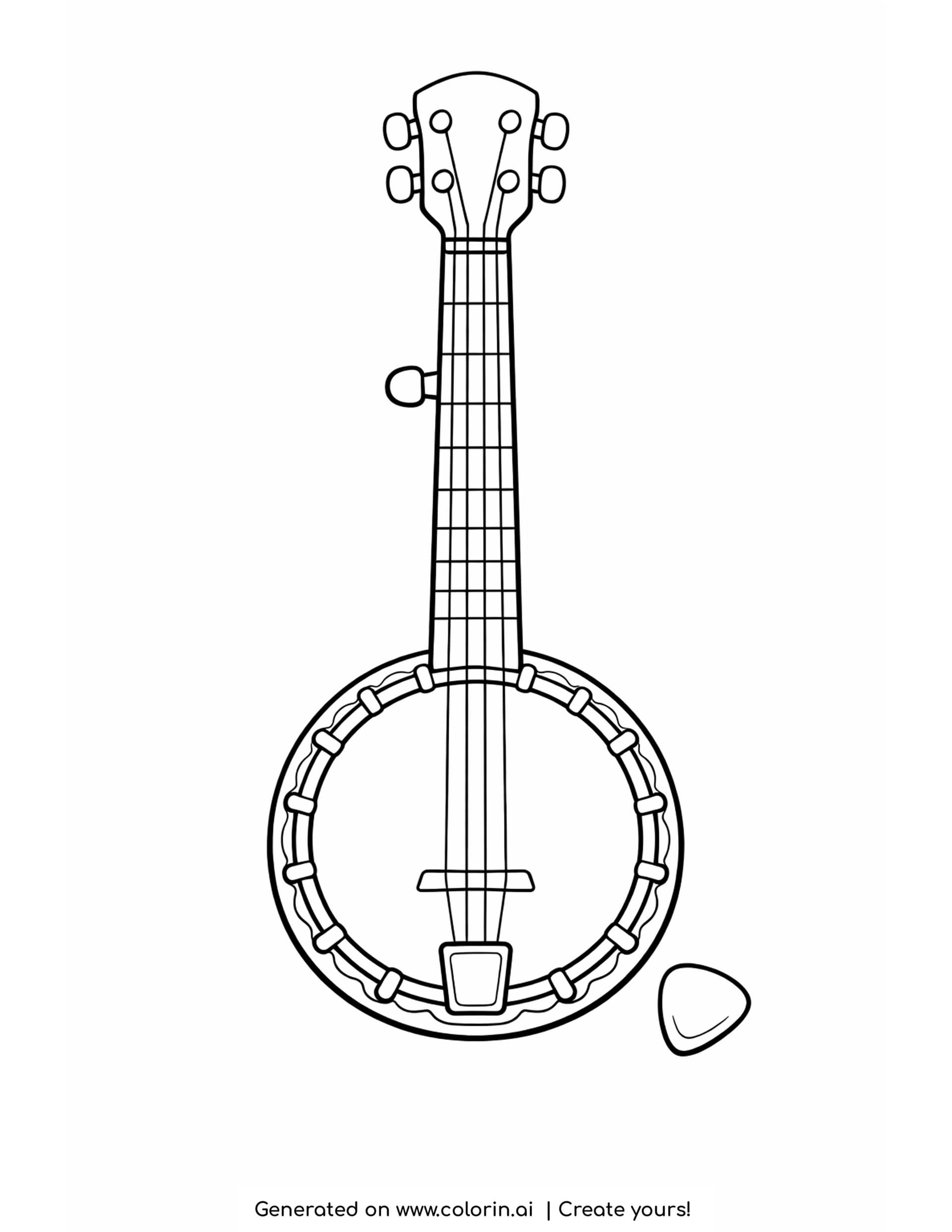 banjo coloring pages - upright banjo with a round drum body ringed by brackets and a pick beside it
