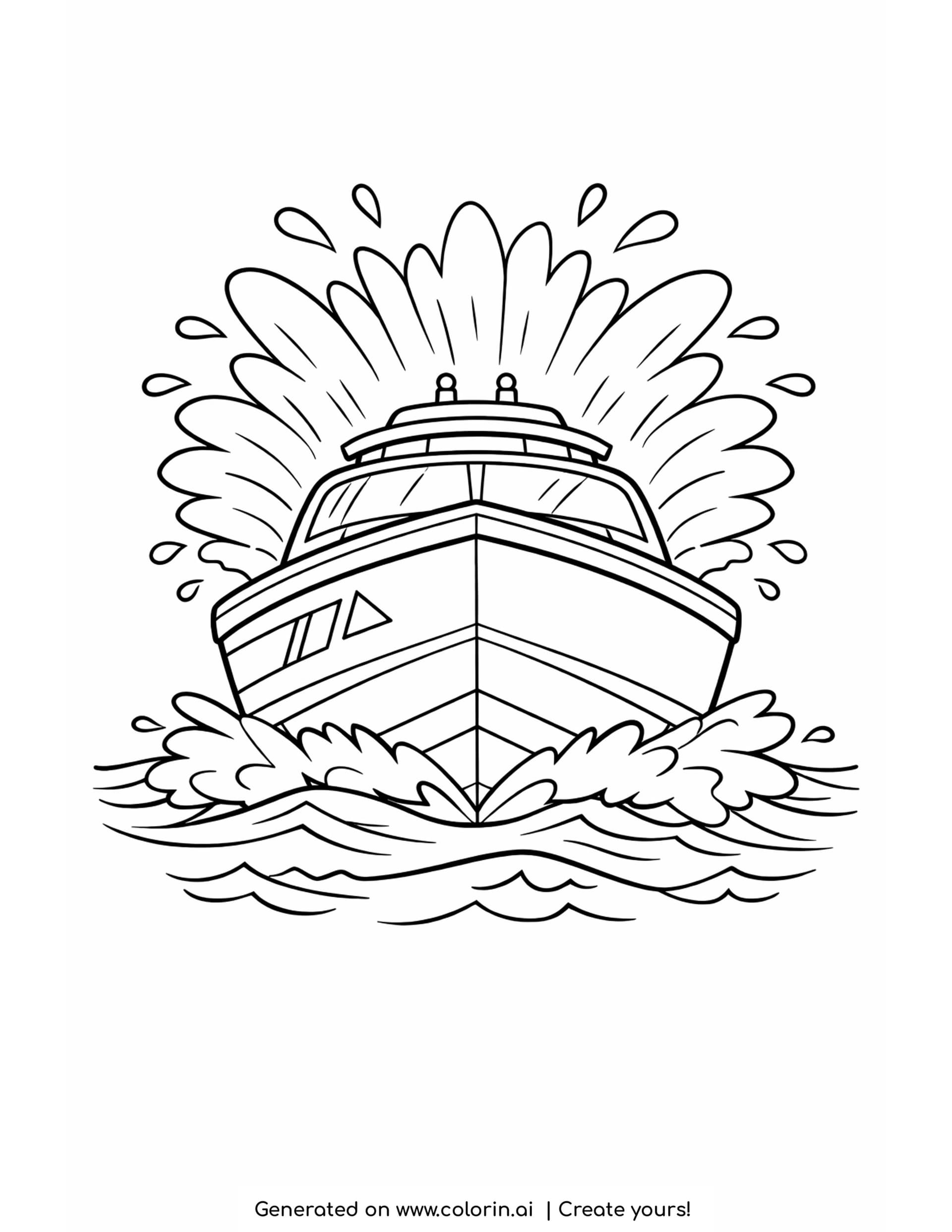speed boat coloring pages - a sleek speedboat seen from the front racing over choppy waves with a big fan of spray behind it