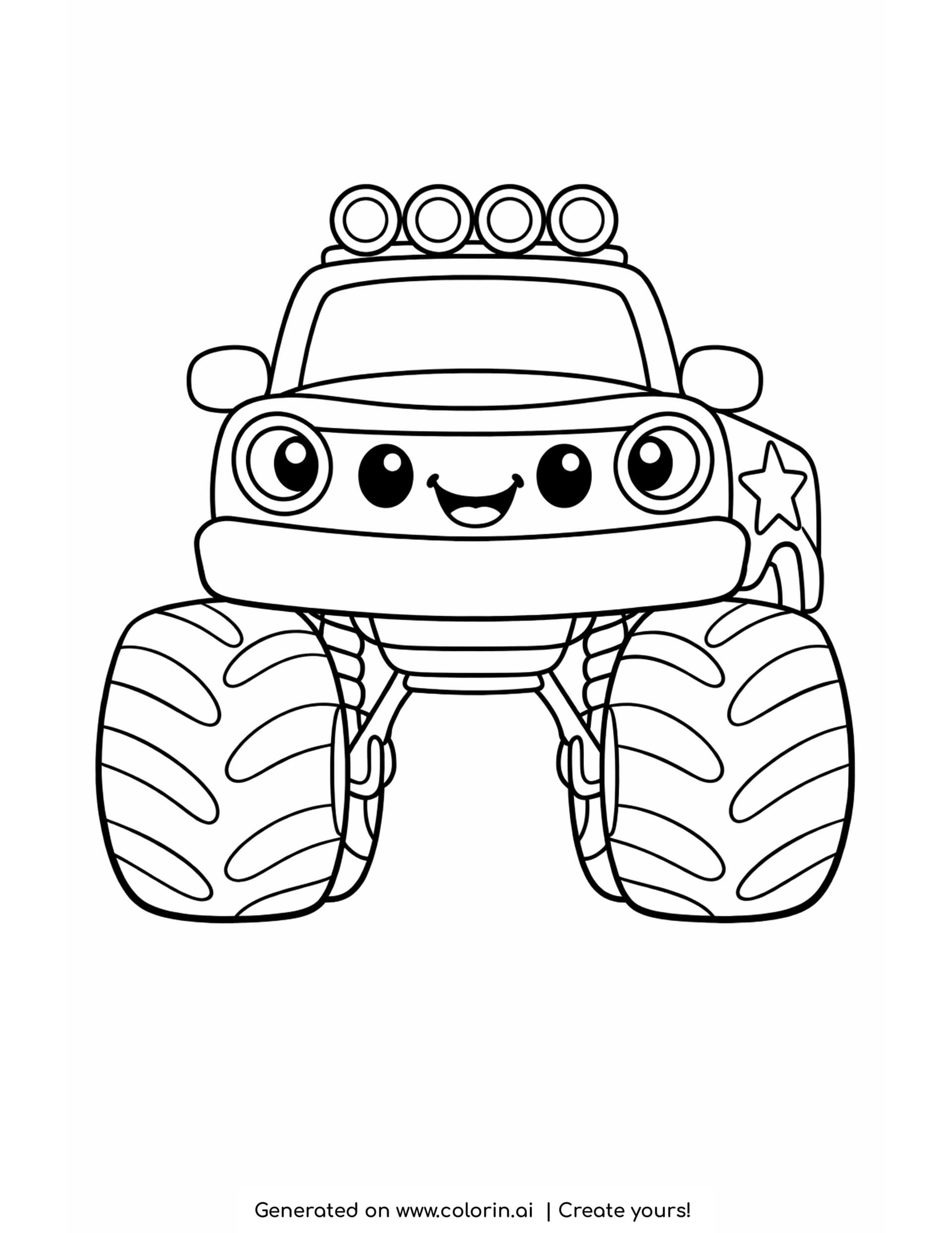 cute monster truck coloring pages, a smiling monster truck seen from the front perched high on two huge treaded tires