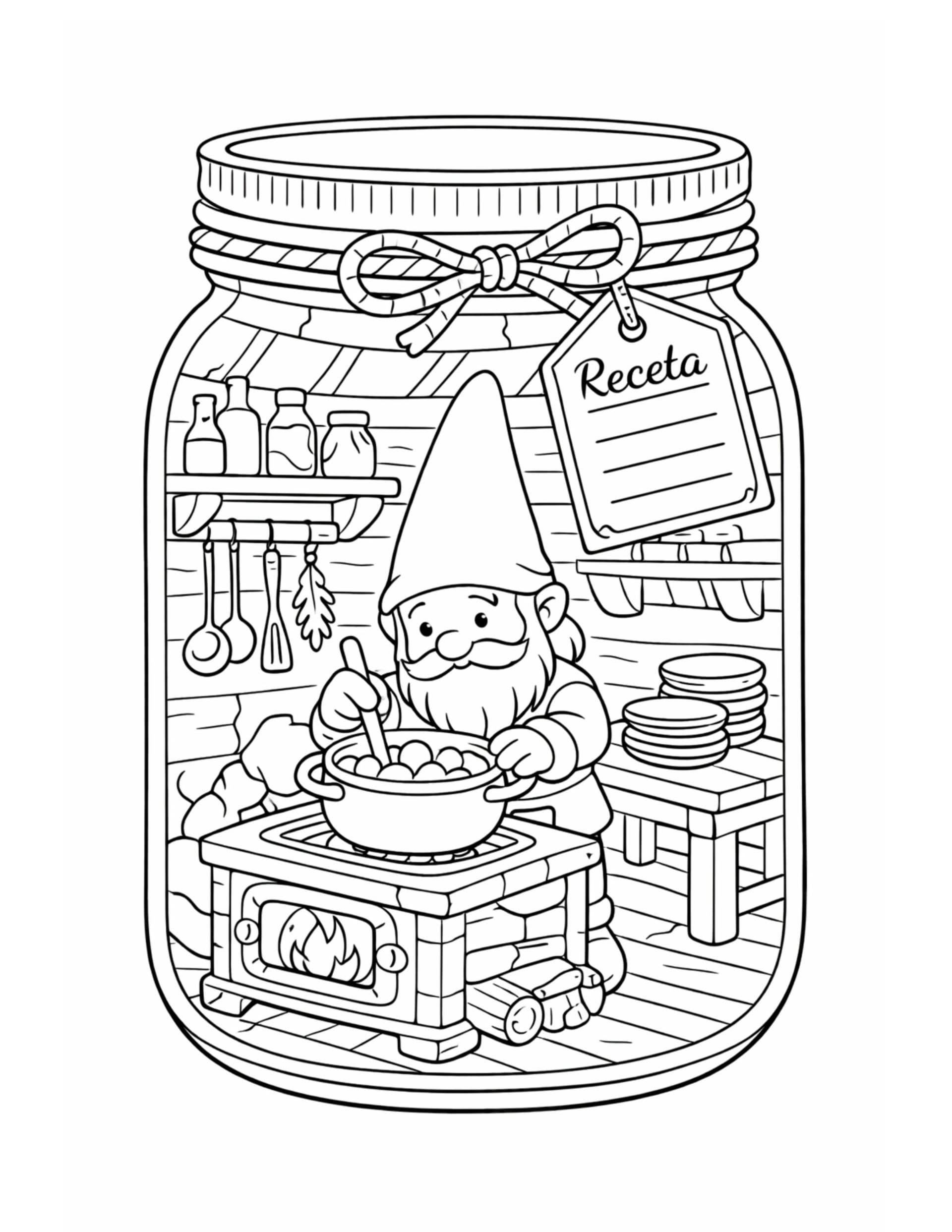 gnome cooking soup in jar coloring page with a tiny stove, hanging utensils, and a receta tag coloring page