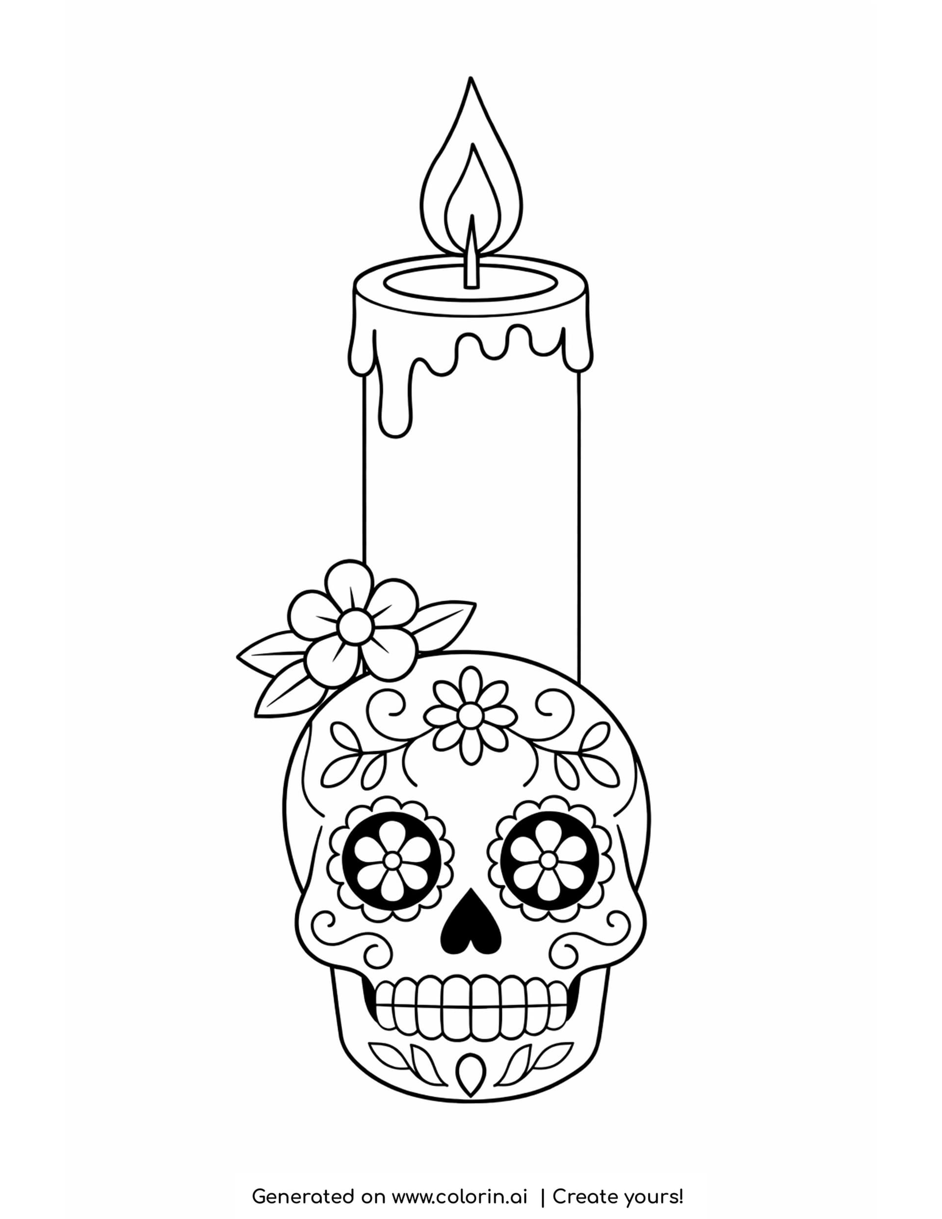 candle coloring pages, tall lit candle with dripping wax and a small sugar skull resting at its base
