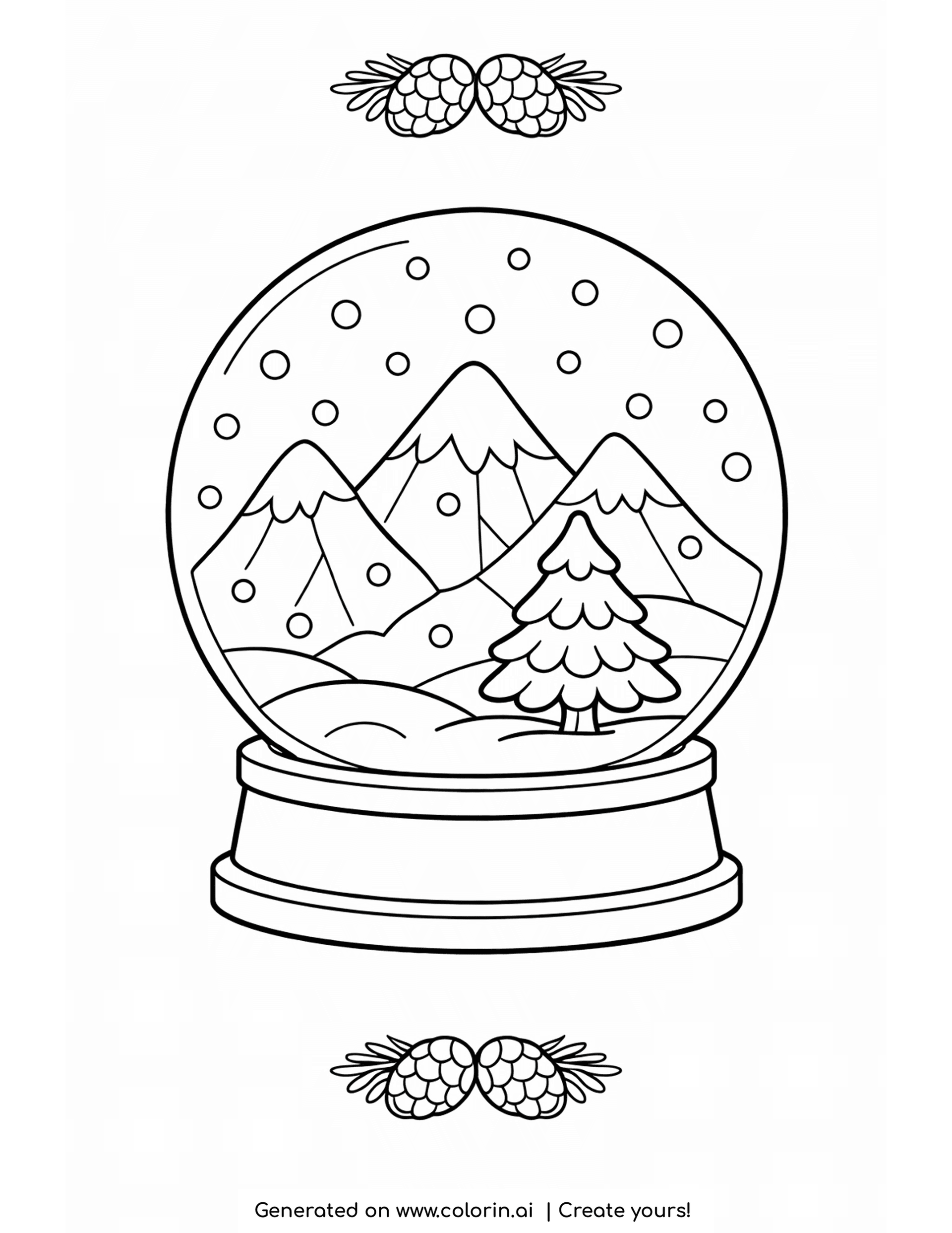 snow globe coloring pages, a round snow globe with snowy mountains and a pine tree inside decorated with pinecones