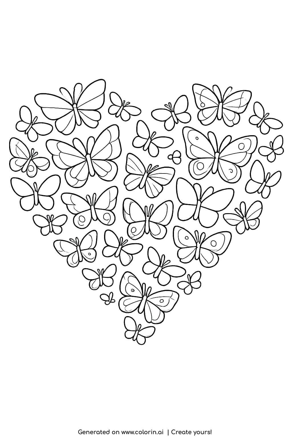 heart made of butterflies coloring page with multiple butterflies forming a heart shape coloring page
