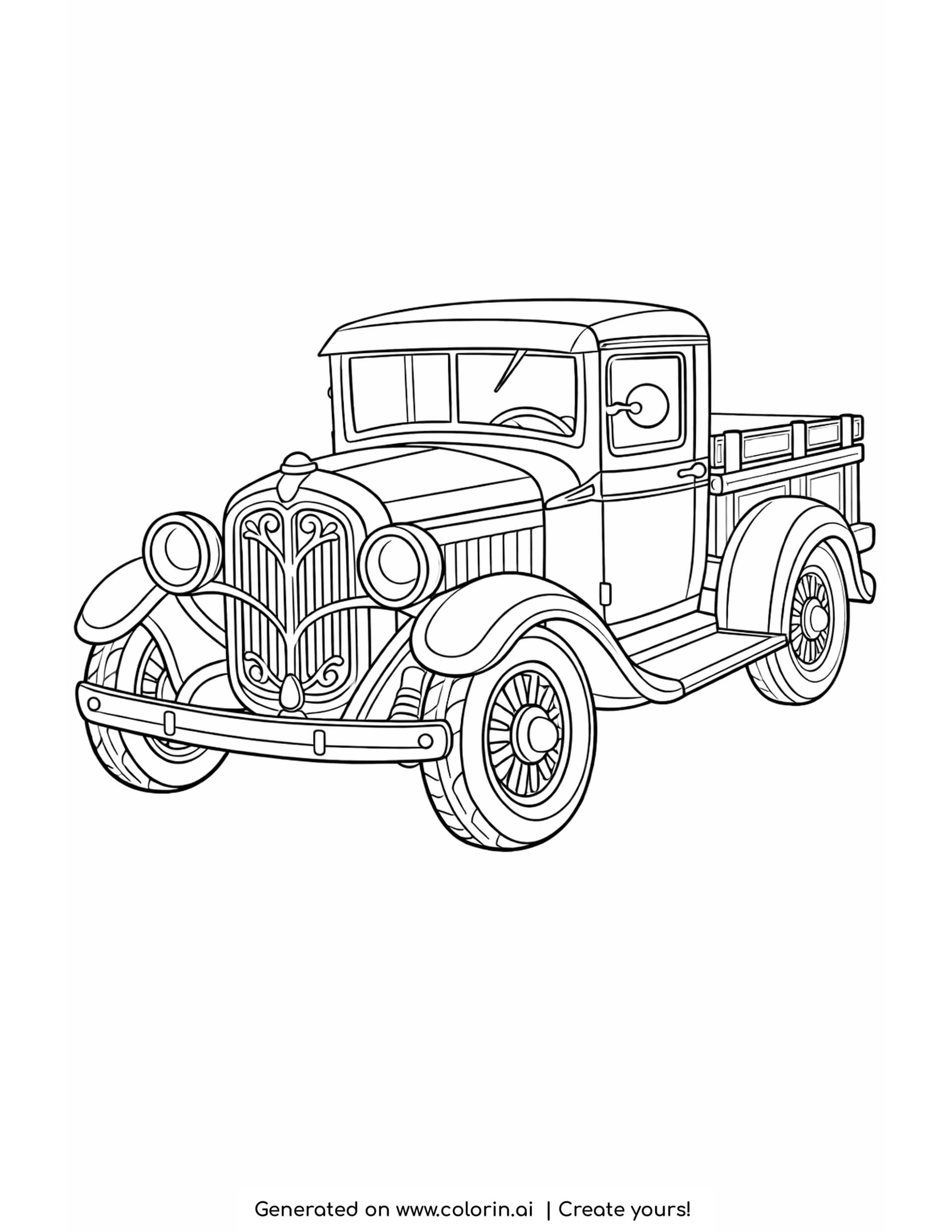 classic pickup truck coloring pages: a vintage 1930s pickup with round fenders, spoked wheels and a wooden bed