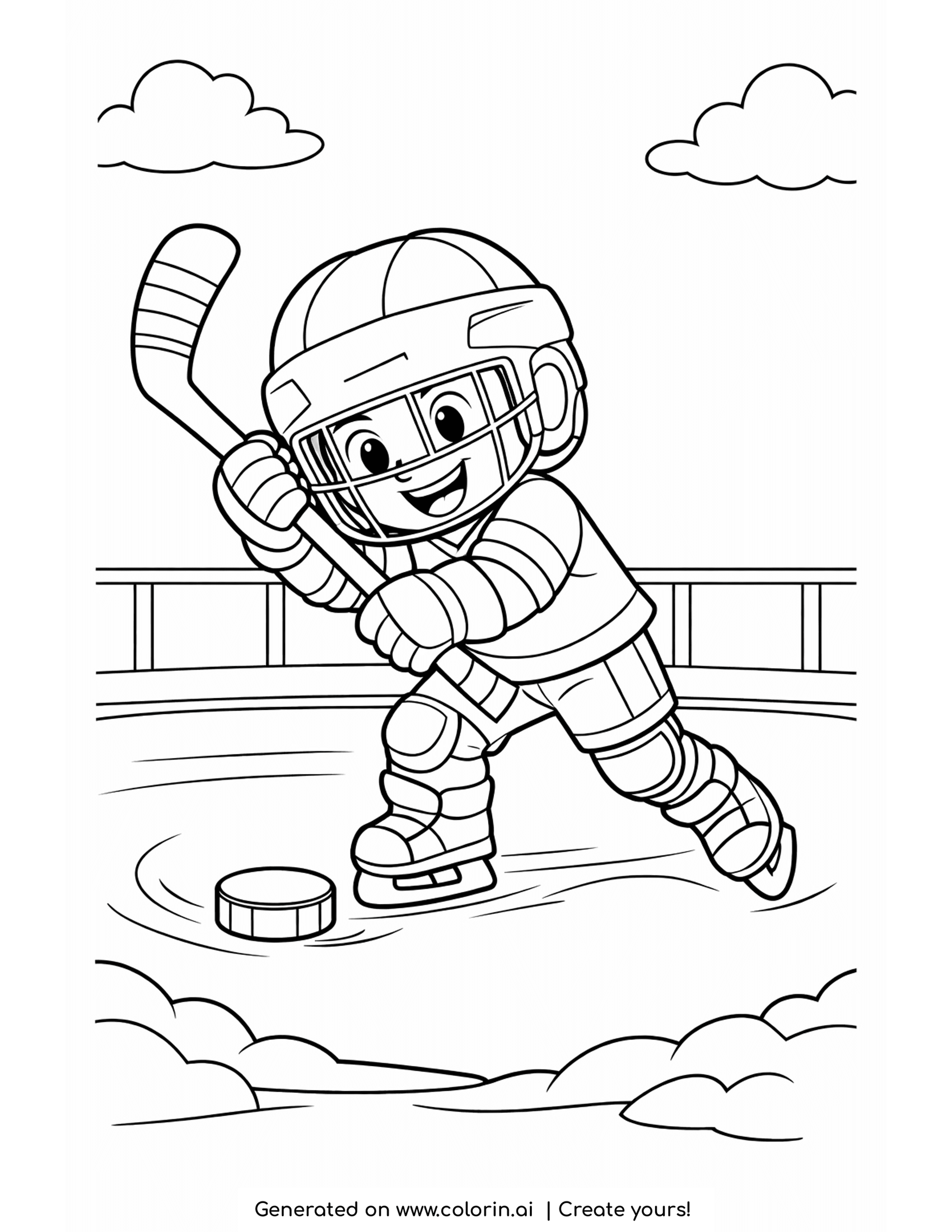 winter sports coloring pages, a young ice hockey player taking a shot with the puck on the ice