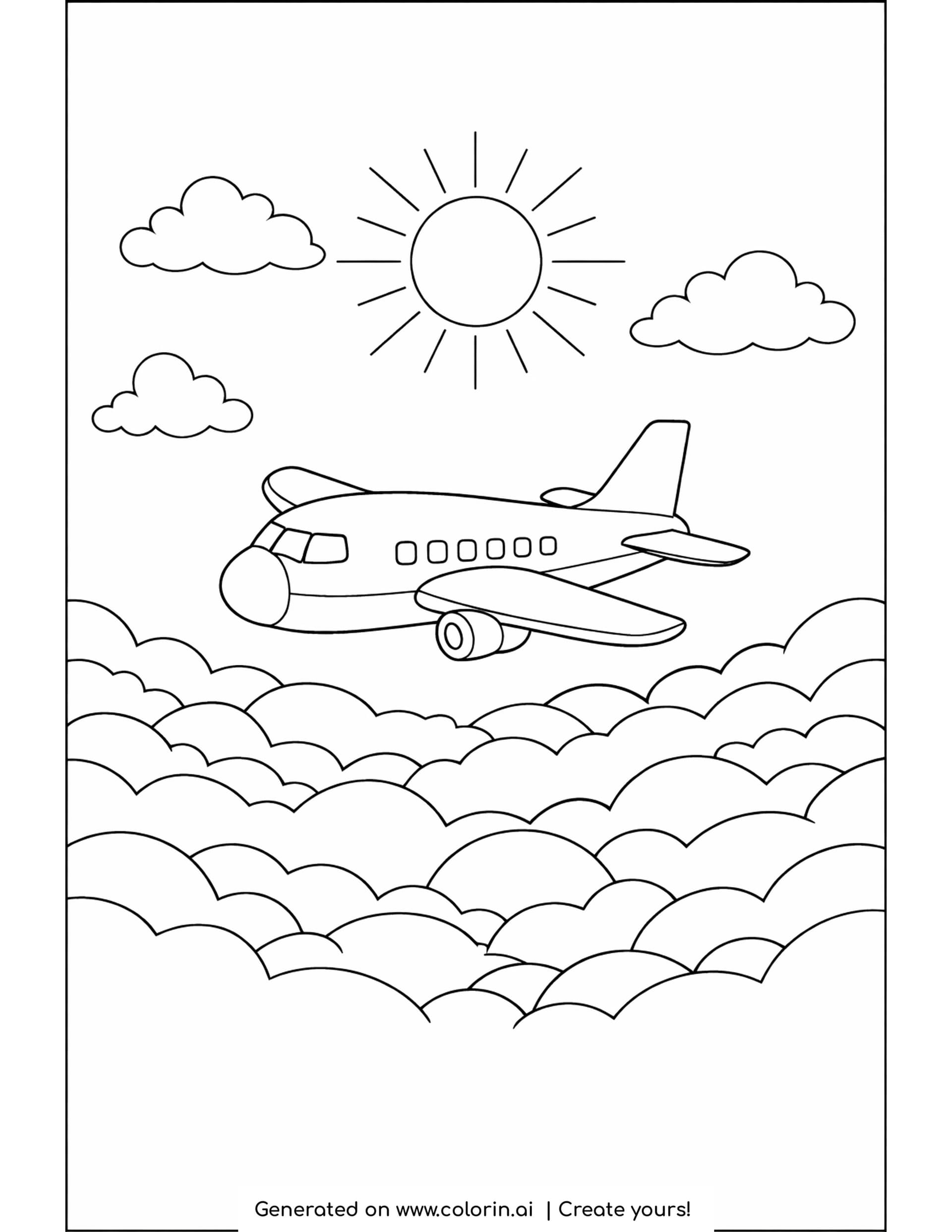 airplane coloring page — passenger airplane cruising above a sea of rolling clouds with the sun behind