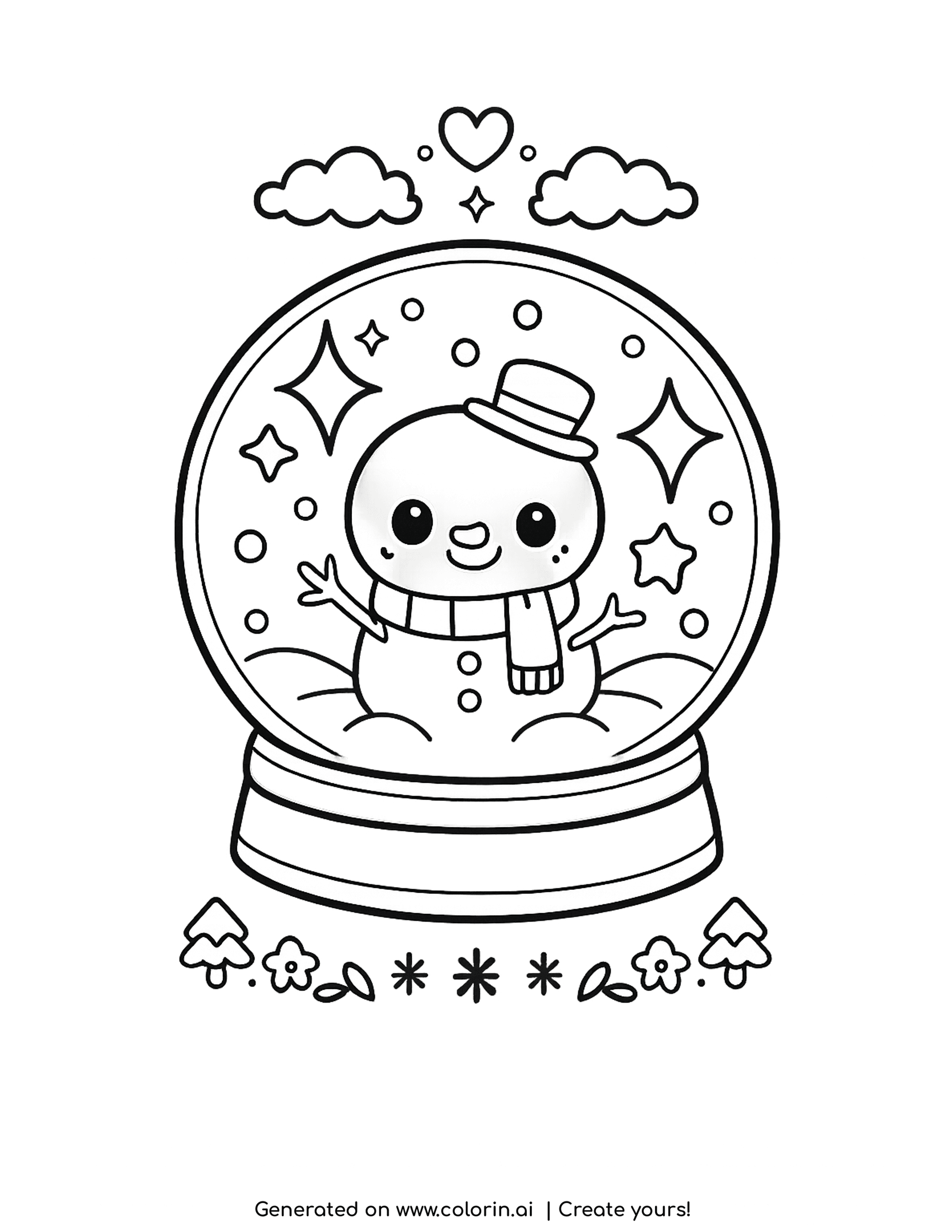 cute winter coloring pages, a small snow globe with a smiling snowman inside