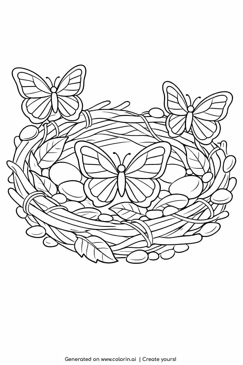 butterflies resting in a nest coloring page with woven branches leaves and smooth stones coloring page
