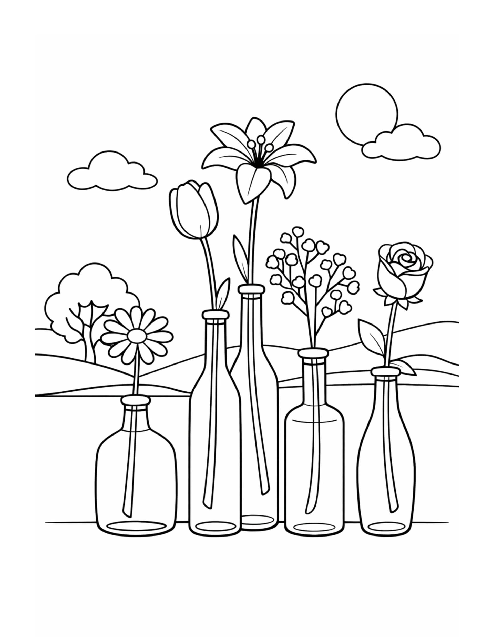 flowers in glass bottles coloring page with sun, clouds, and hillside line art coloring page