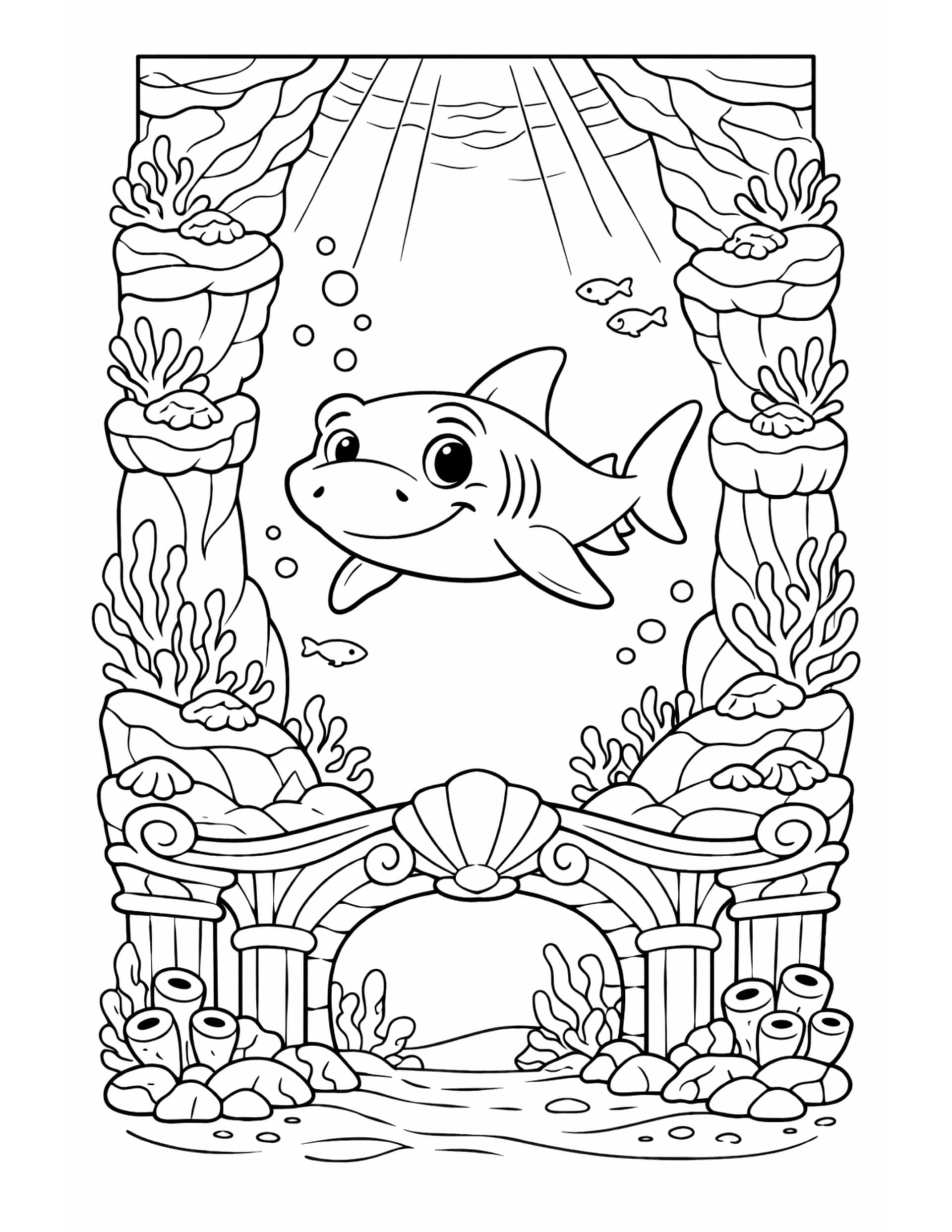 shark swimming through underwater ruins coloring page featuring sea columns, coral, shells, and sun rays