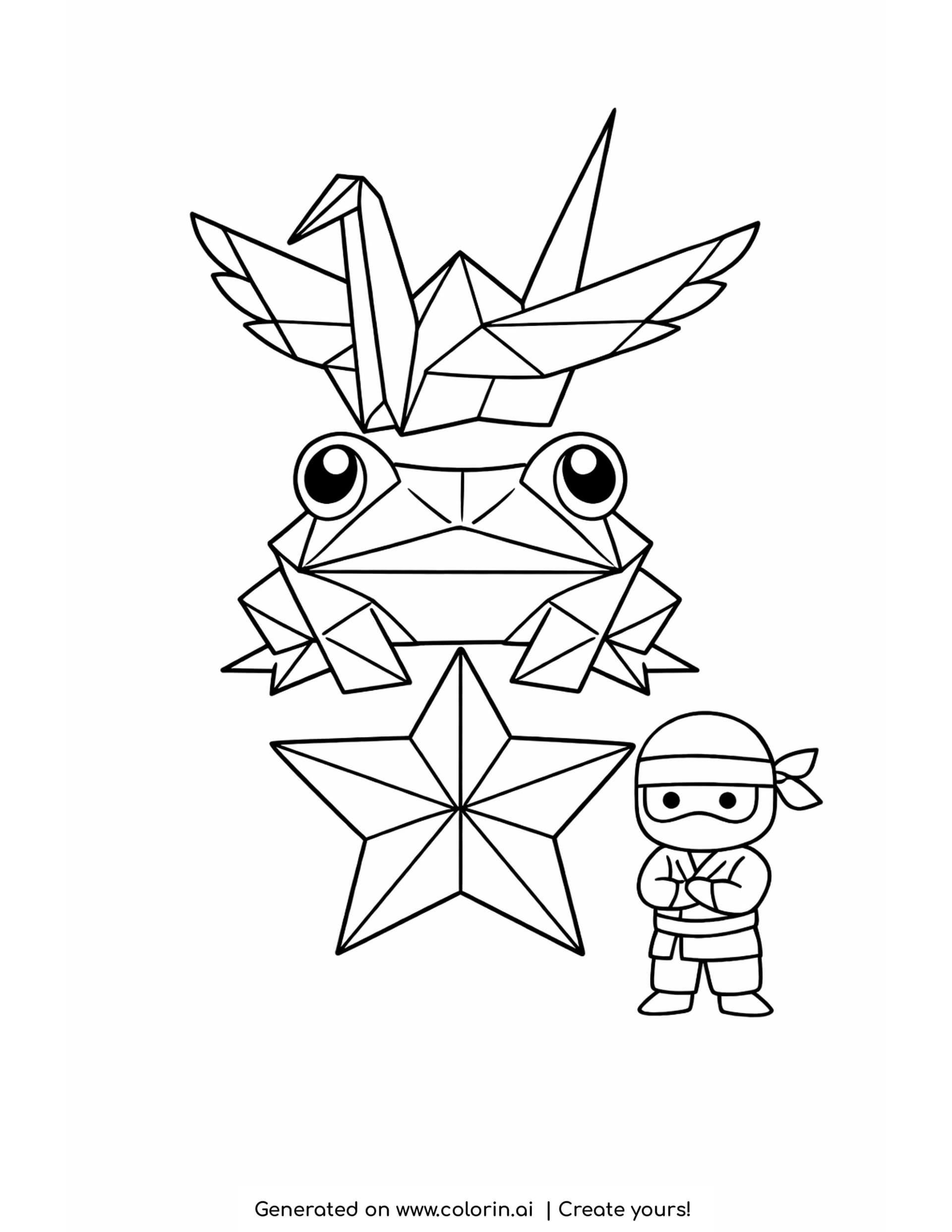 origami coloring pages - folded paper crane, frog and star with crisp fold lines and a small chibi ninja