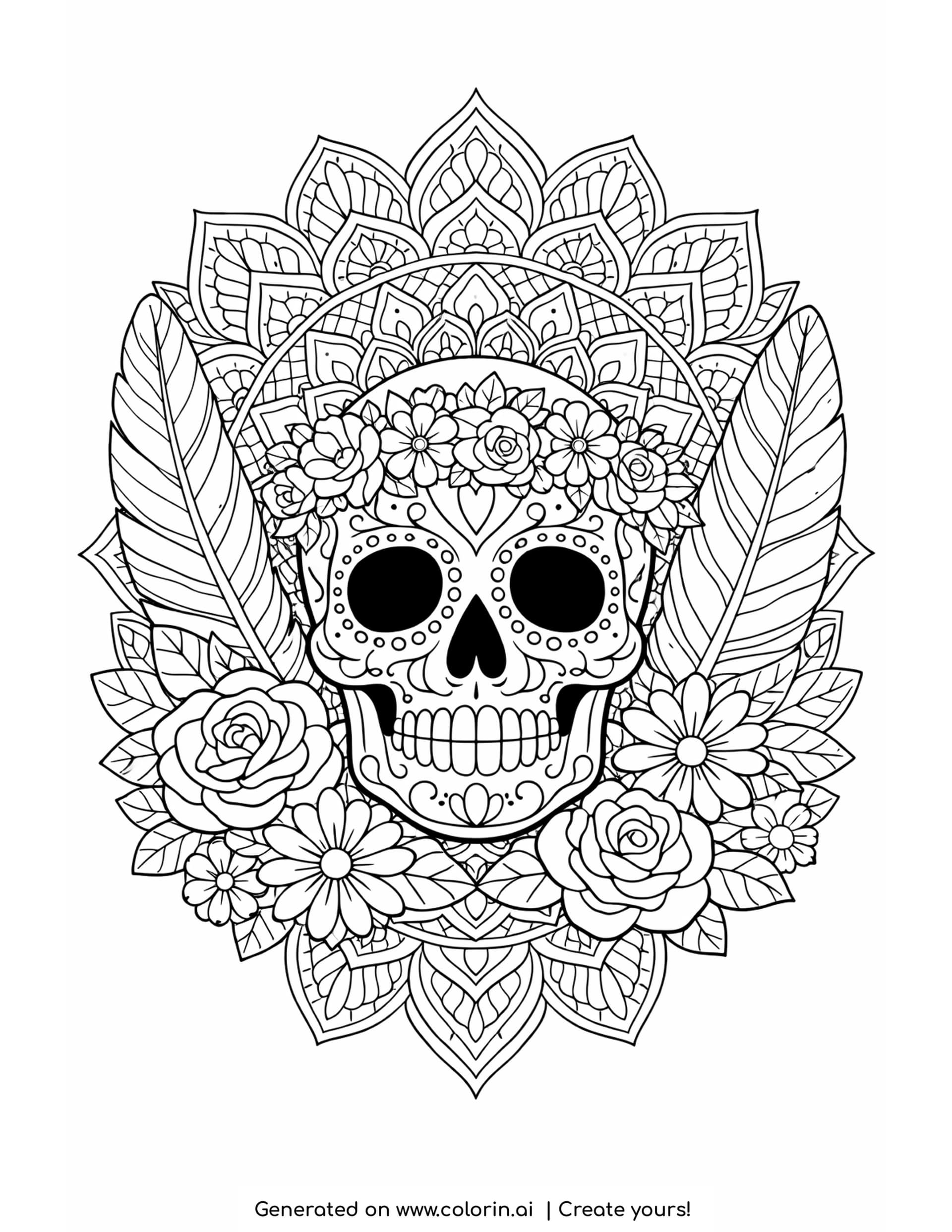 calavera mandala coloring pages, ornate calavera at the centre of a radiating mandala with feathers, roses and daisies