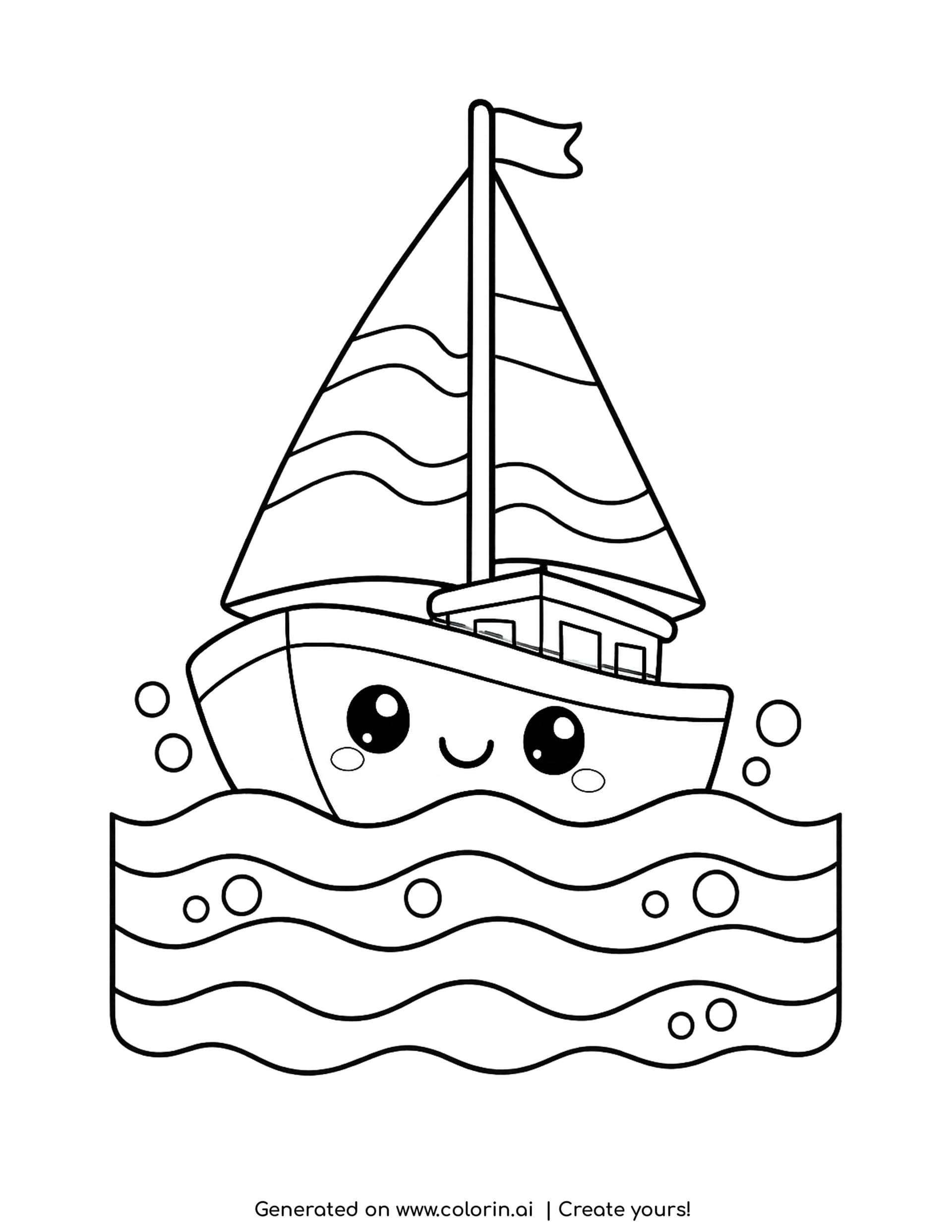 boat coloring page - a cute sailboat with a smiling face on the hull, a striped triangular sail, a flag and wavy water with bubbles