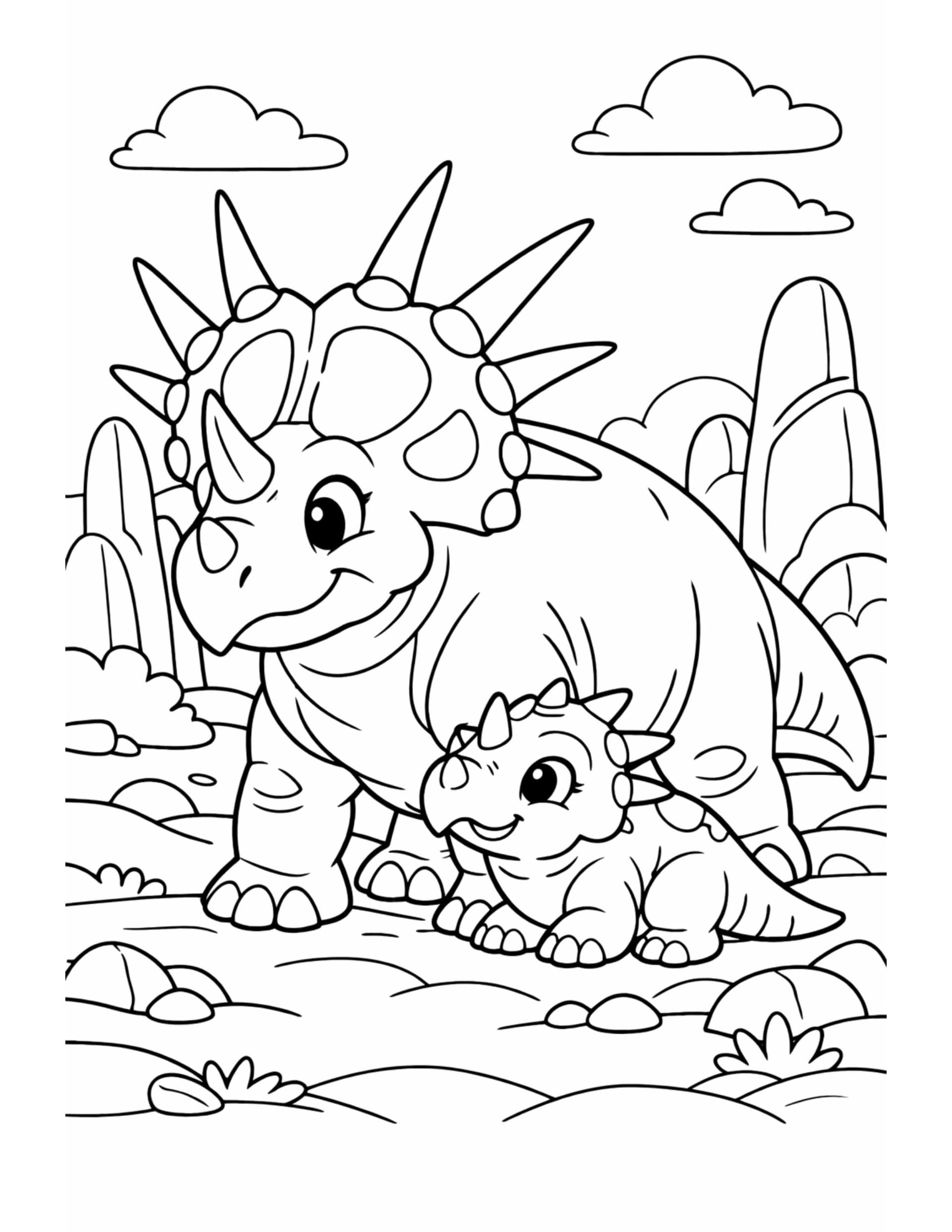 triceratops with baby walking together coloring page showing a parent and baby dinosaur in a gentle outdoor scene coloring page