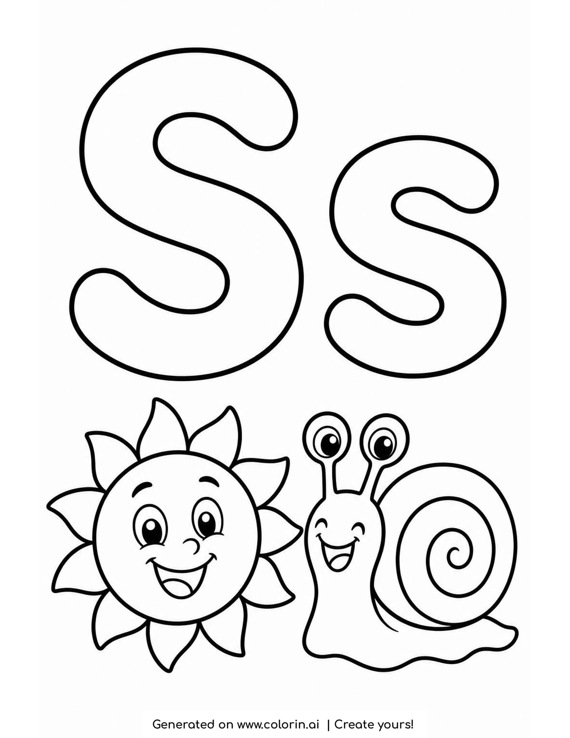 A letter S coloring page with a big hollow S and s above a smiling sun with pointed rays and a happy snail with a spiral shell