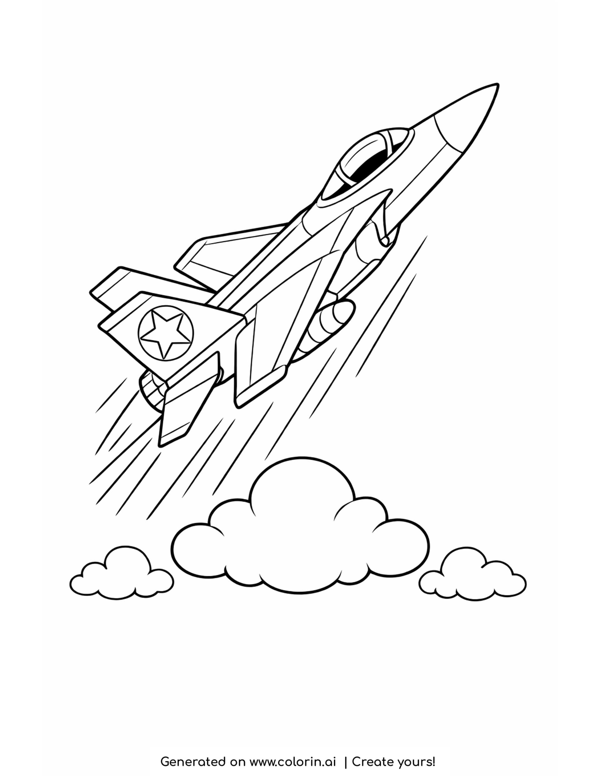 jet soaring upward coloring pages — swept wing fighter jet climbing steeply with speed lines behind it