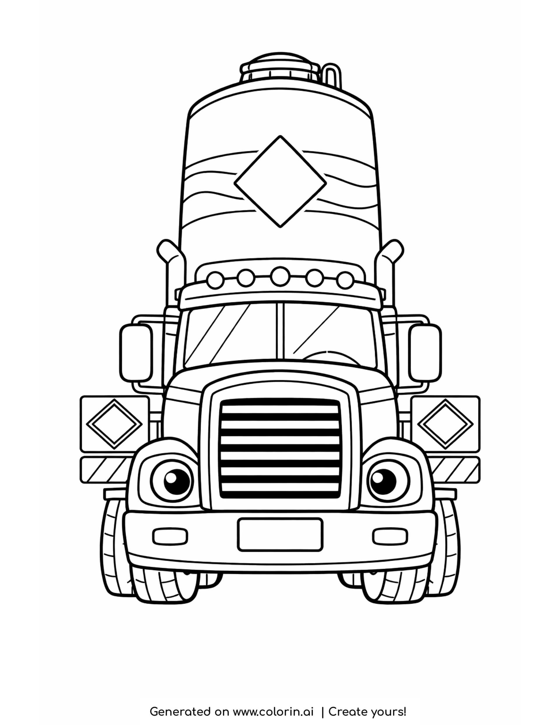 tanker truck coloring pages: a fuel tanker truck seen from the front with a diamond hazard placard