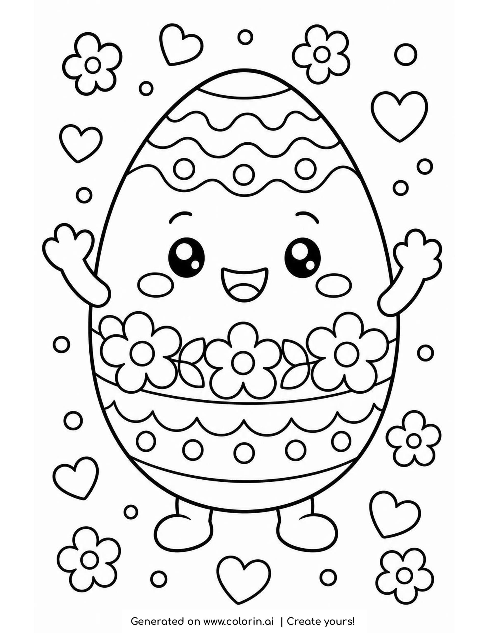 Cute Easter egg coloring page with a smiling kawaii egg waving both arms, a band of flowers around its middle and hearts floating around it