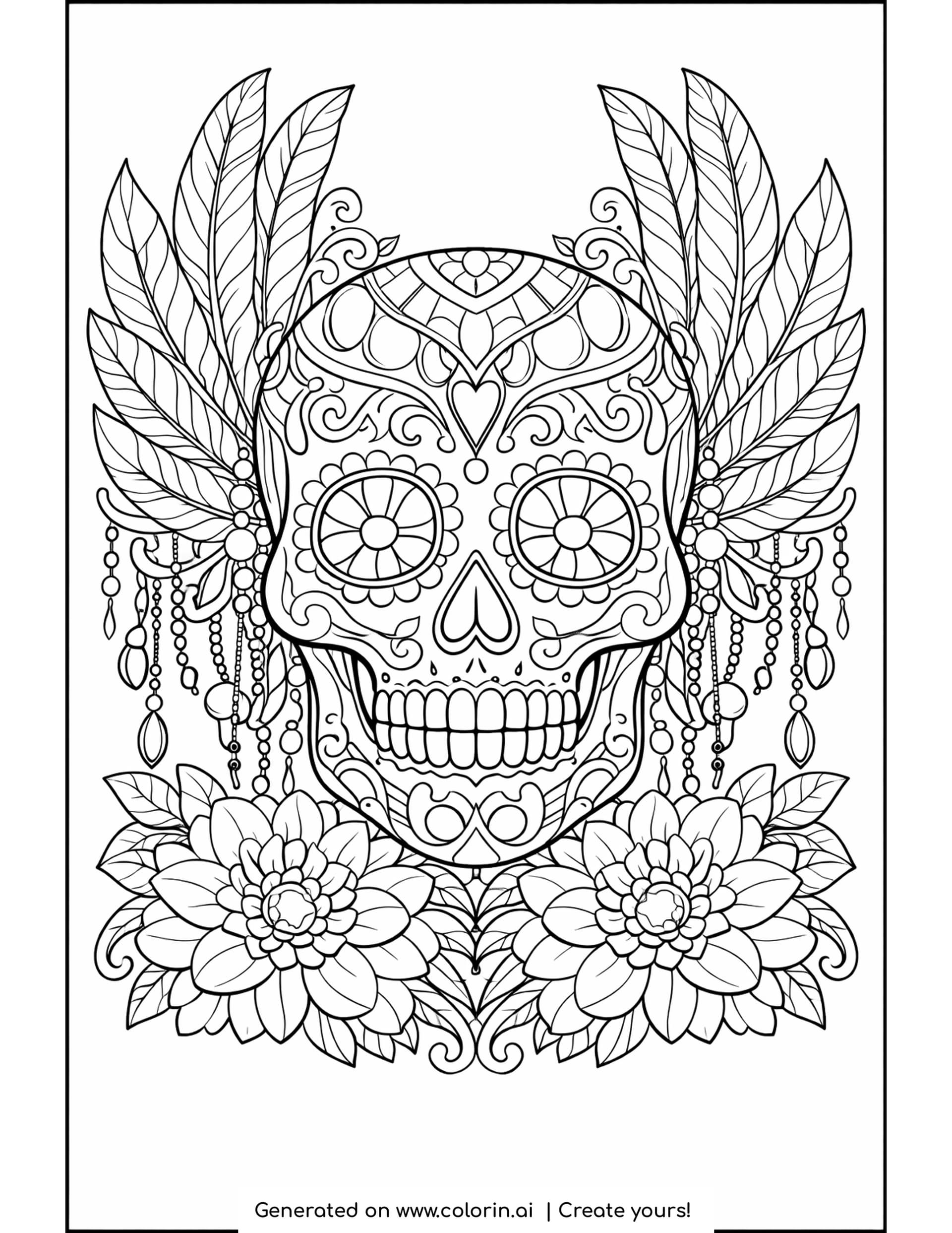 calavera coloring pages, ornate calavera framed by tall feathers, roses and daisies inside a radiating mandala