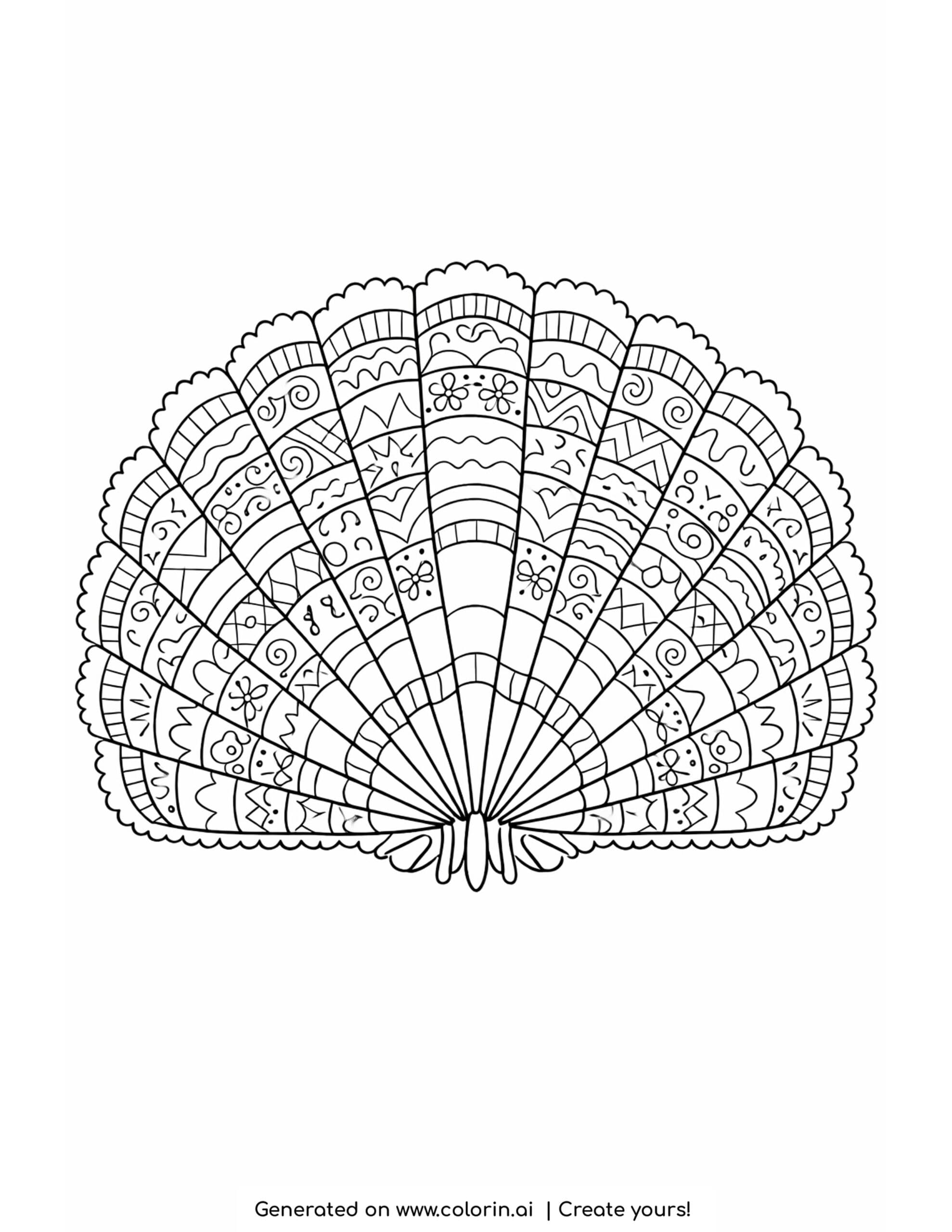 thanksgiving coloring pages for adults, a large fan of turkey tail feathers each filled with intricate doodle patterns