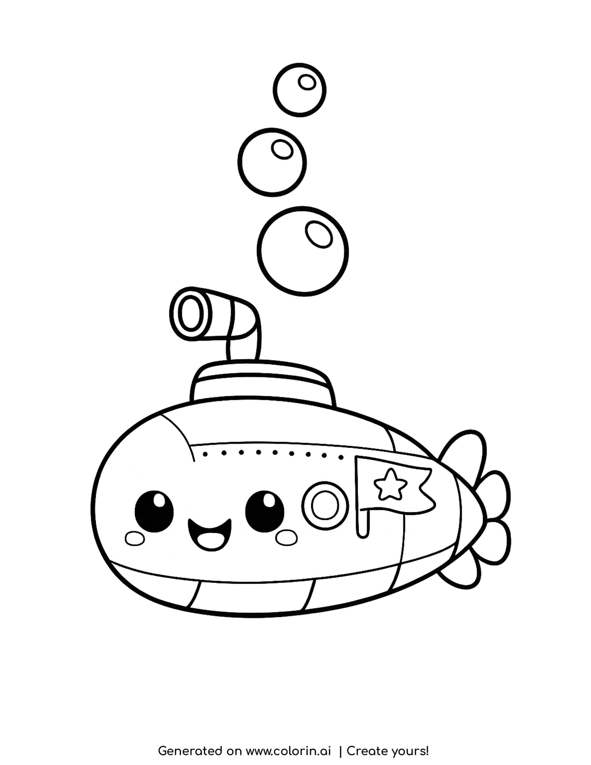 submarine coloring pages - a happy submarine with a laughing face, a bent periscope, a porthole, a star flag and three bubbles rising