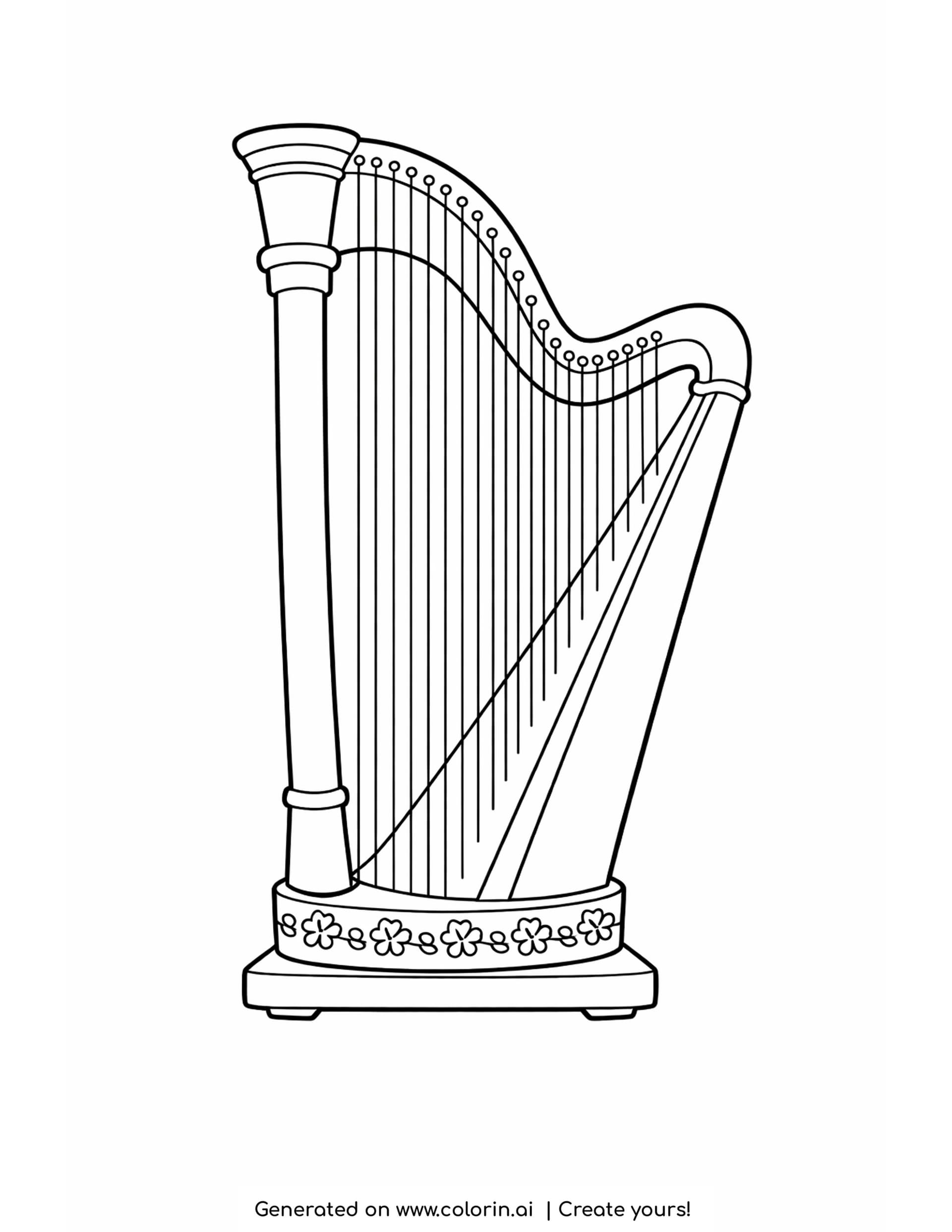 harp coloring pages - tall harp with a curved neck, carved column and strings filling the frame