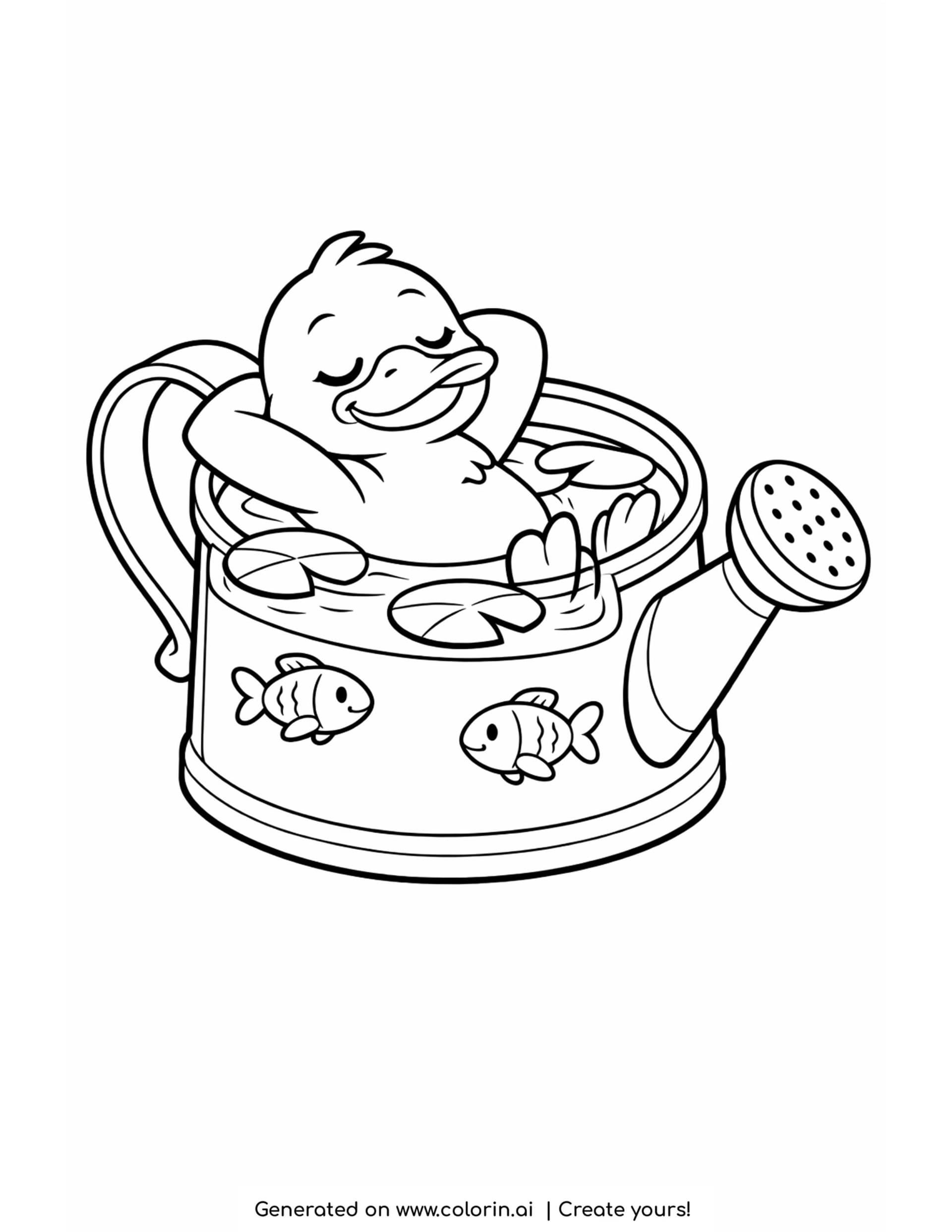 duck relaxing in watering can pond with fish and lily pads coloring page