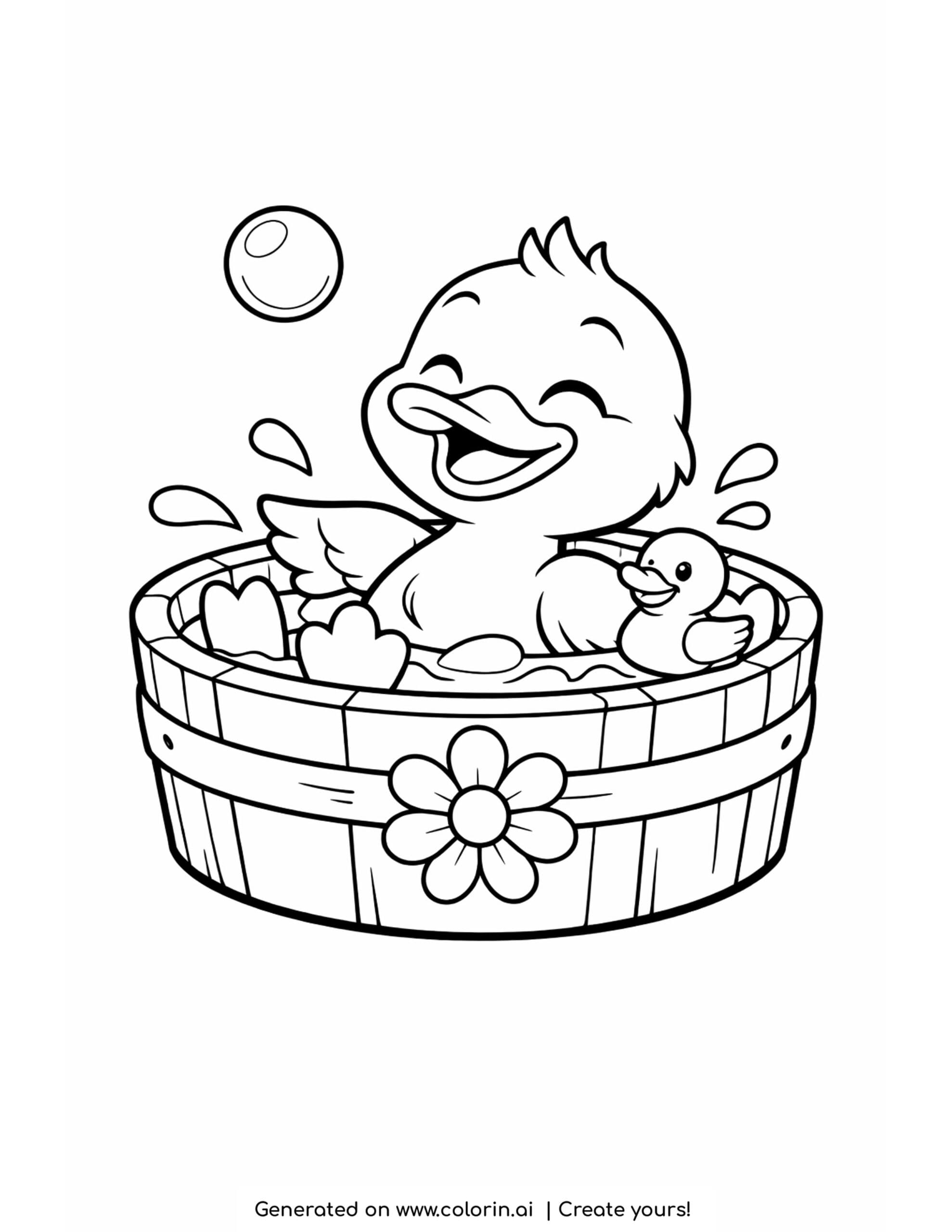 duck bathing in wooden tub with rubber duck and bubbles coloring page