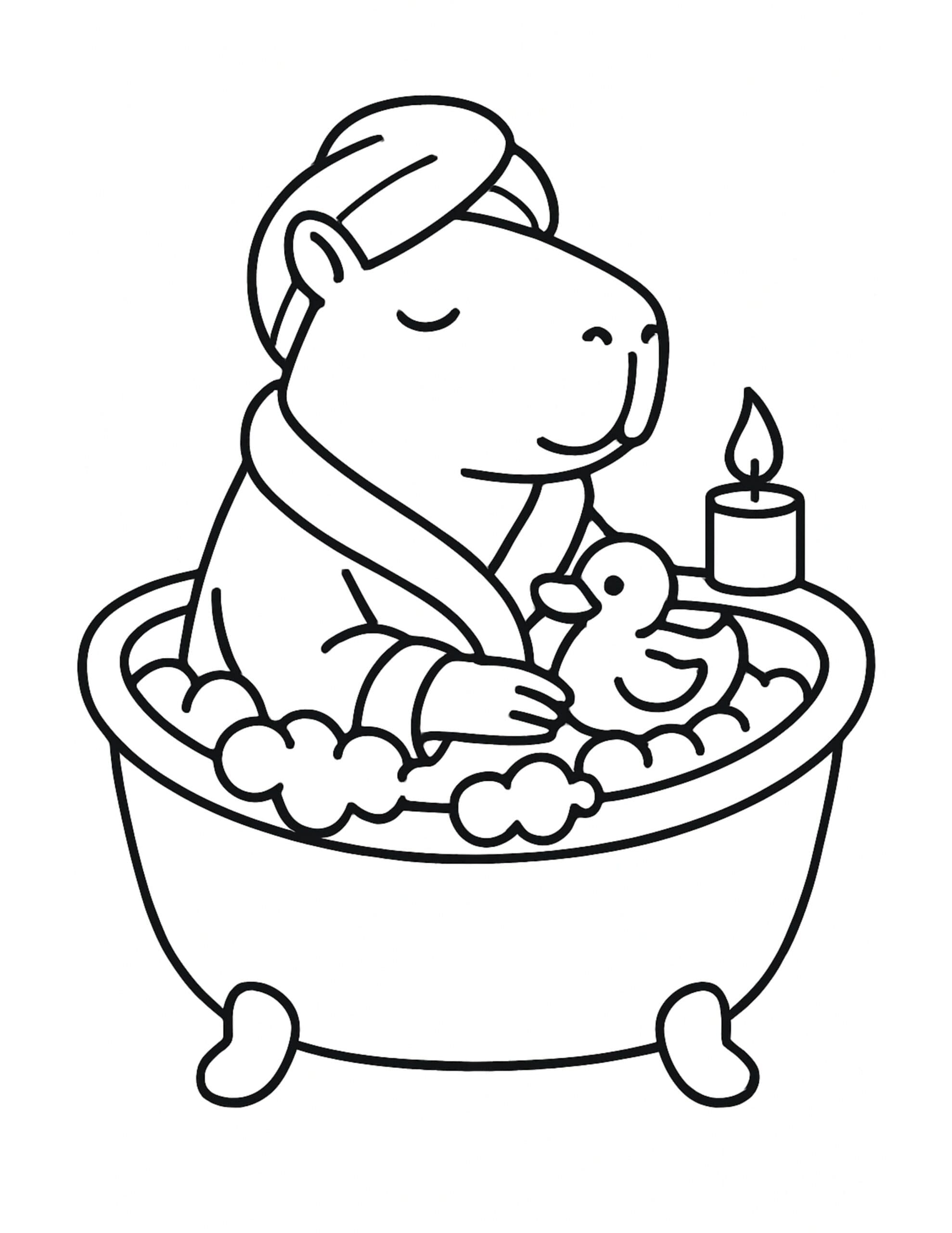 capybara relaxing in bathtub coloring page with a calm spa scene and candle