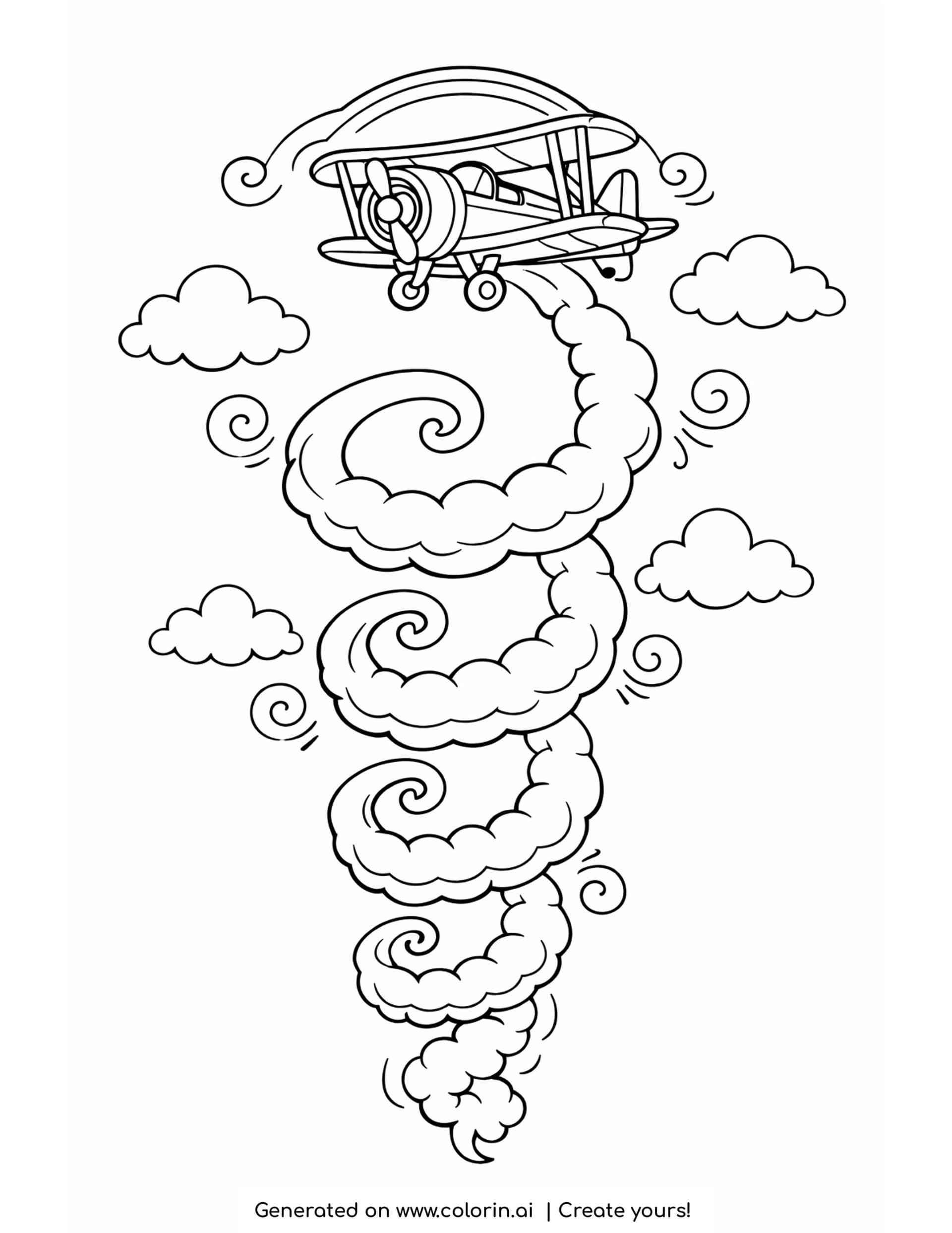 biplane coloring pages — biplane at the top of a loop with a spiralling smoke trail down the page
