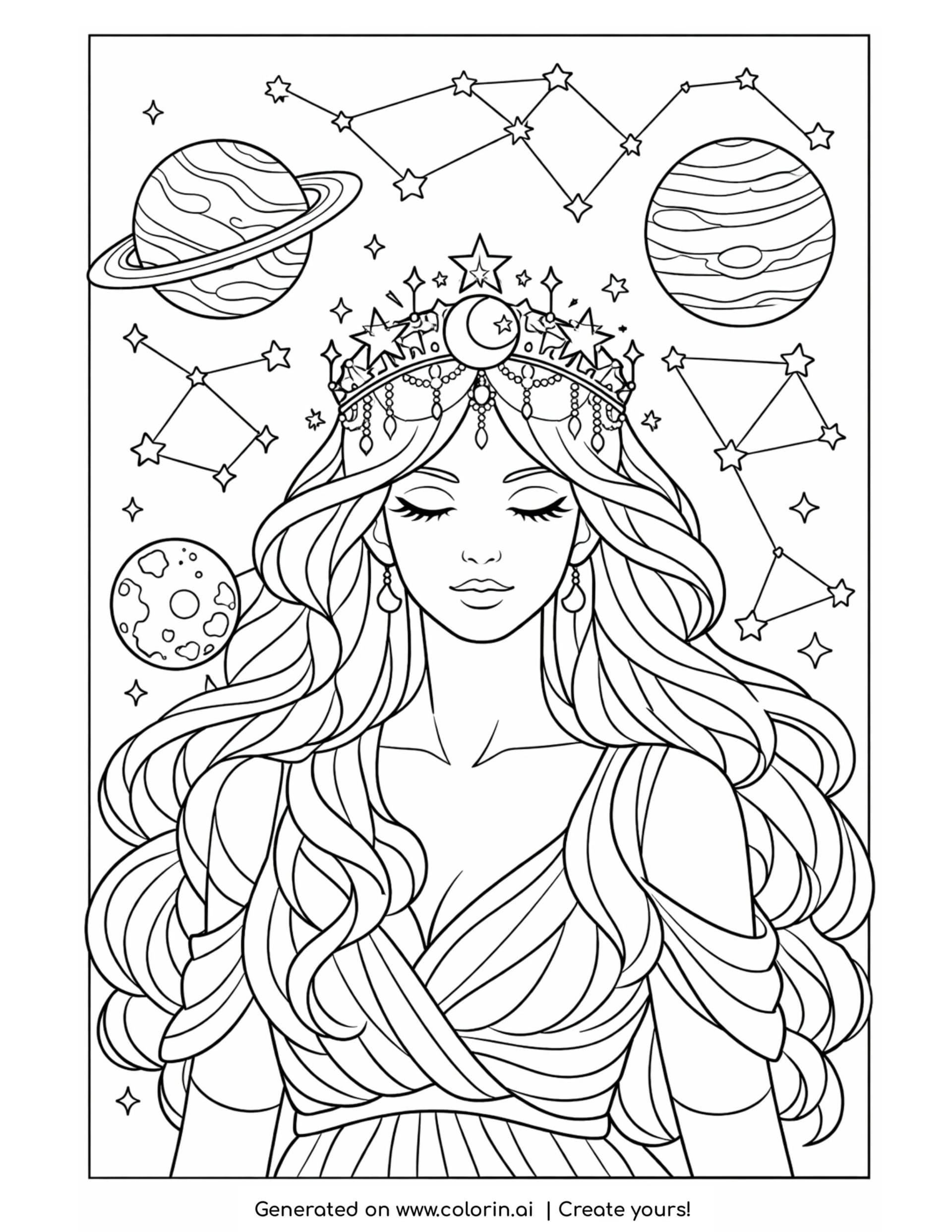 goddess surrounded by floating planets coloring page with constellations and stars