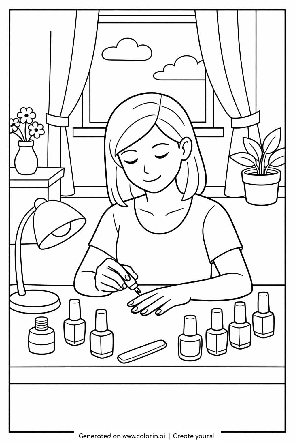 girl painting nails at cozy desk coloring page showing a calm manicure scene at home coloring page