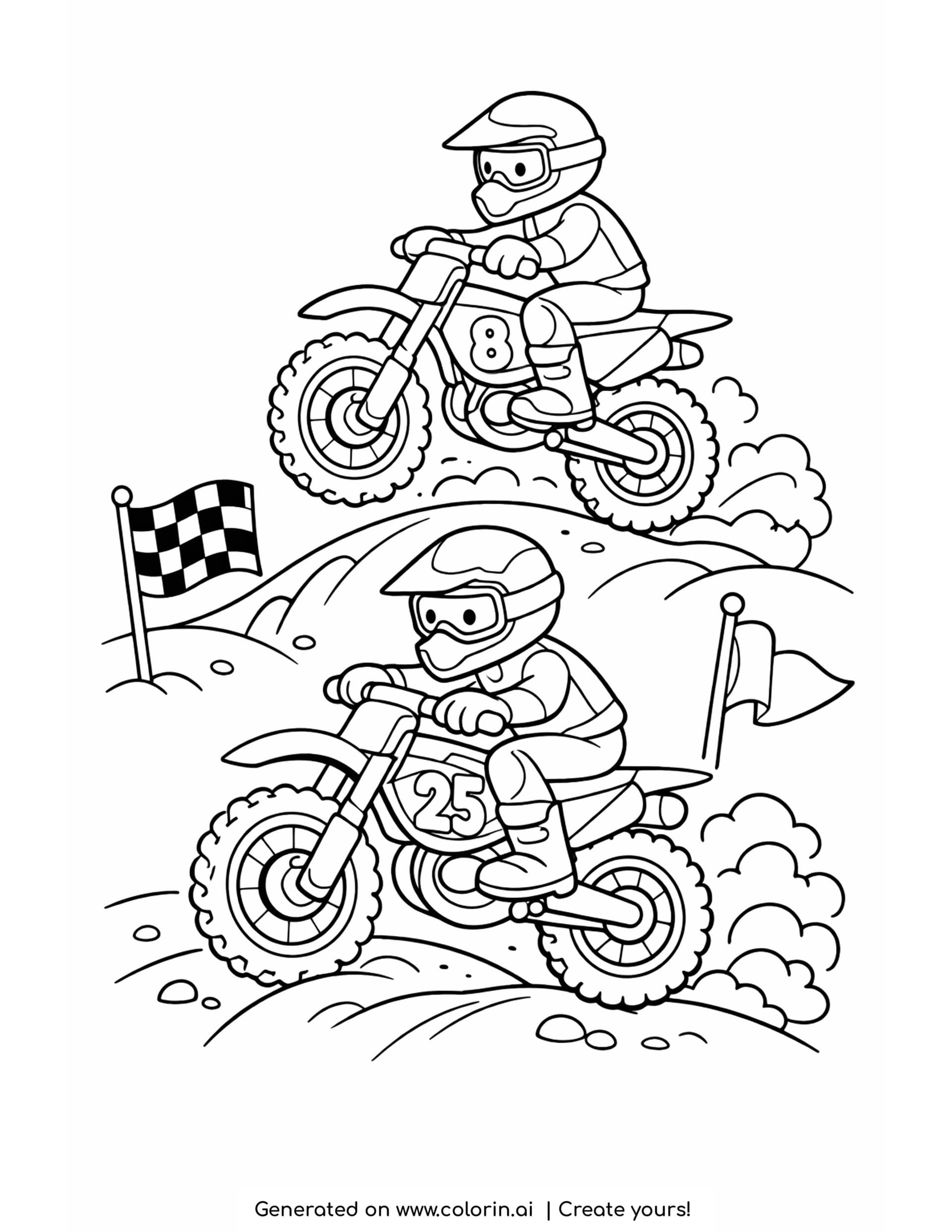 motocross race coloring pages - two motocross bikes racing over a bumpy track with a checkered flag at the side