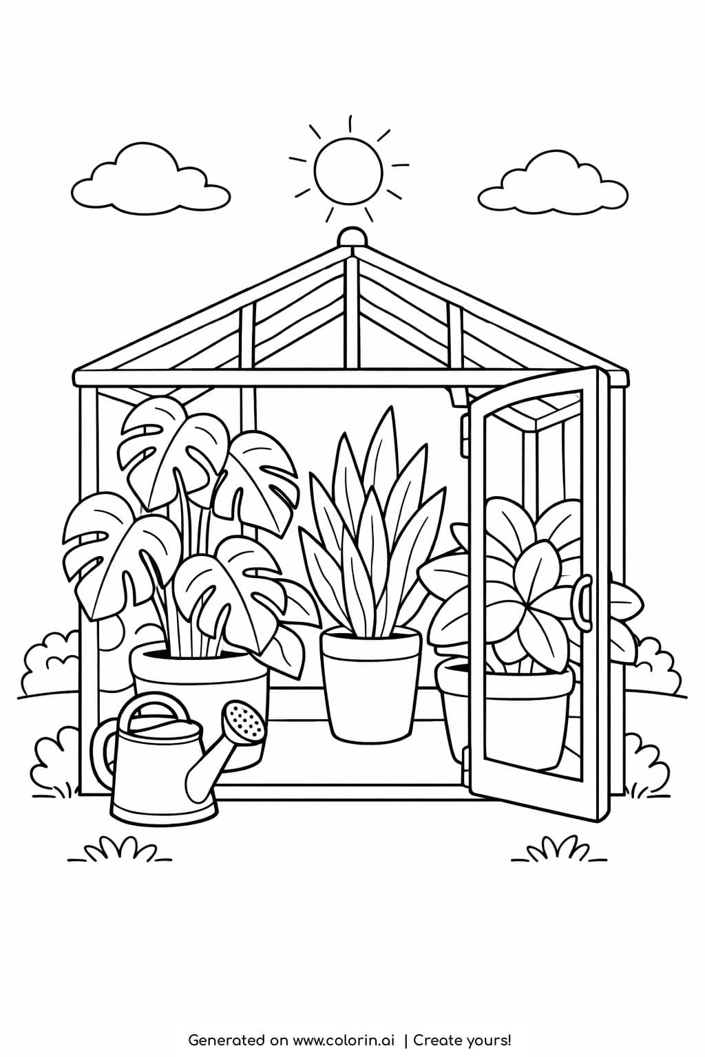 small greenhouse with open door coloring page with potted plants and watering can