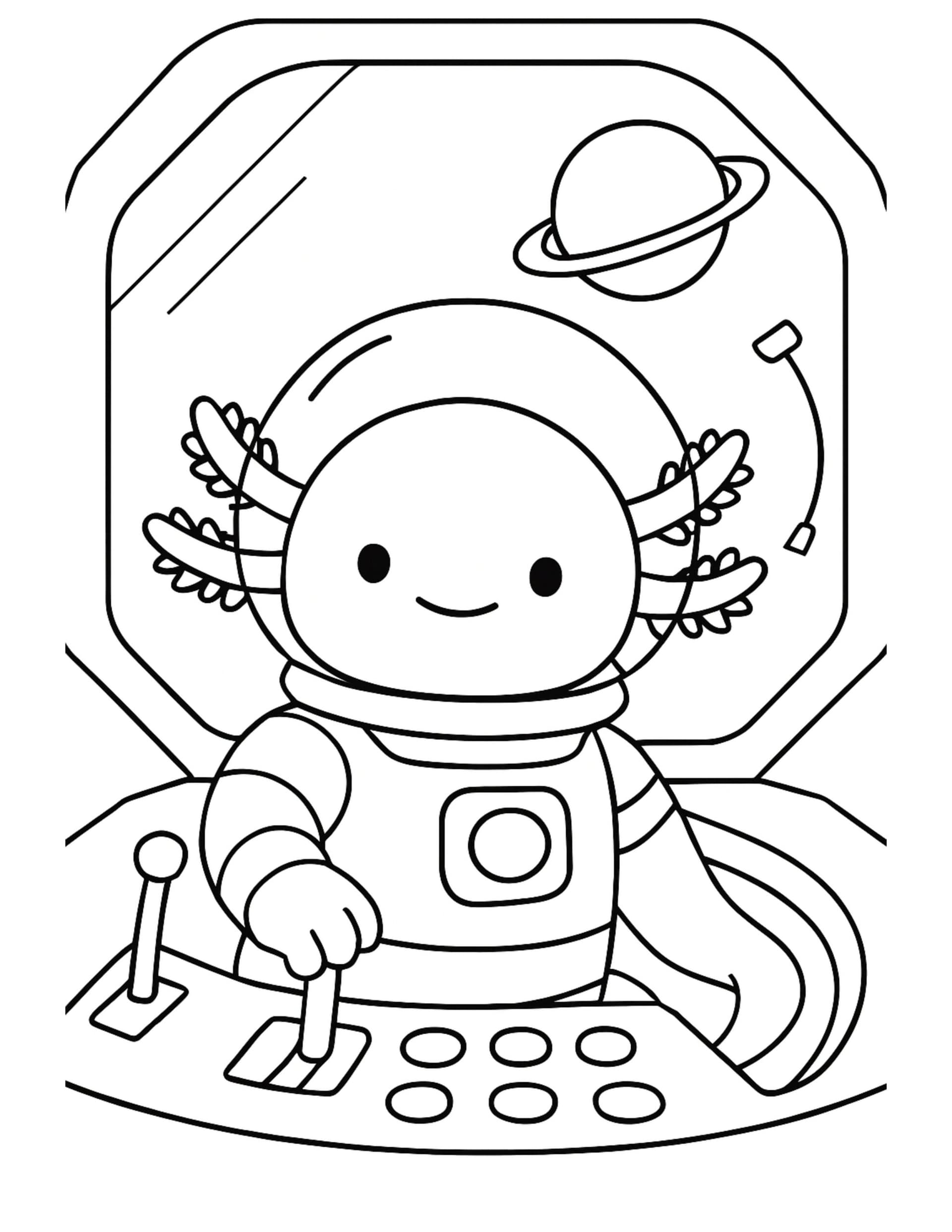 axolotl astronaut piloting a spaceship coloring page in a cockpit with joysticks and a planet outside coloring page
