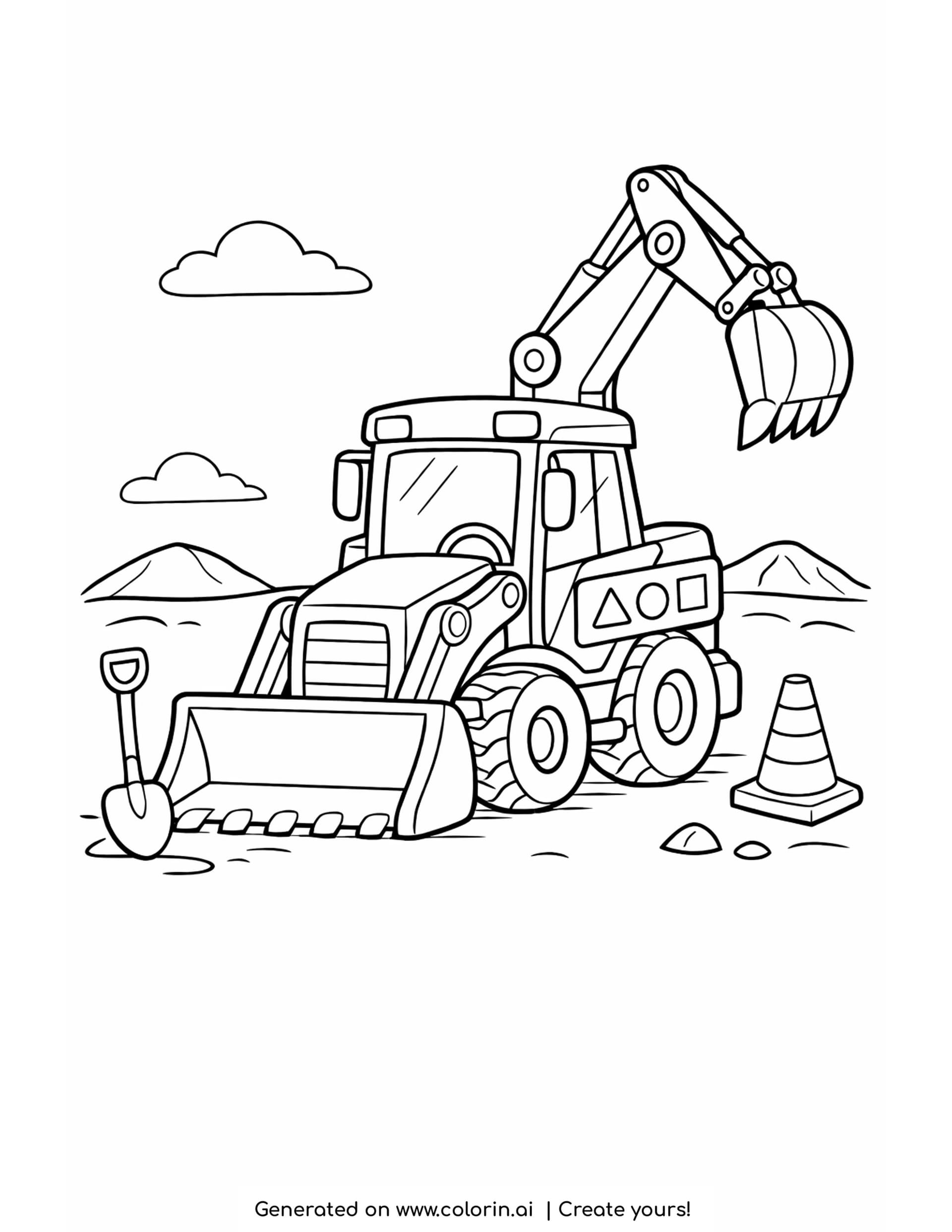 backhoe digger coloring pages, a backhoe with its front loader down and its rear digging arm raised high on a work site