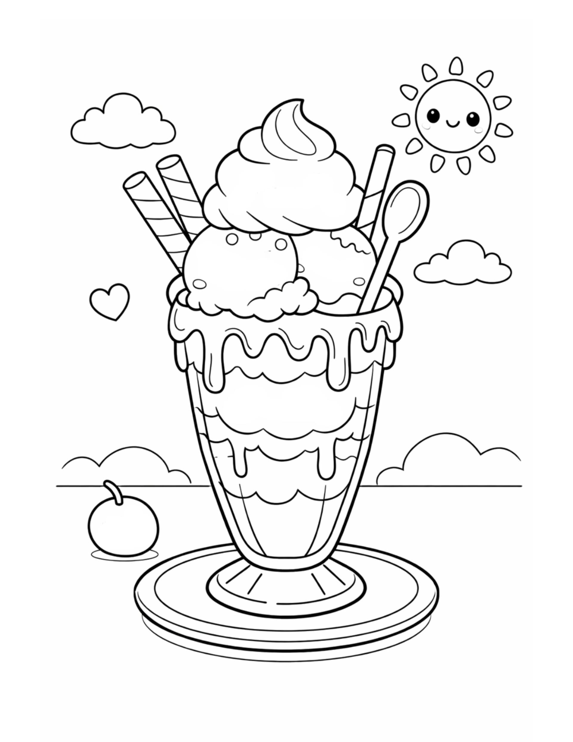 ice cream sundae sunny sky coloring page with tall dessert glass whipped cream and cheerful outdoor scene coloring page