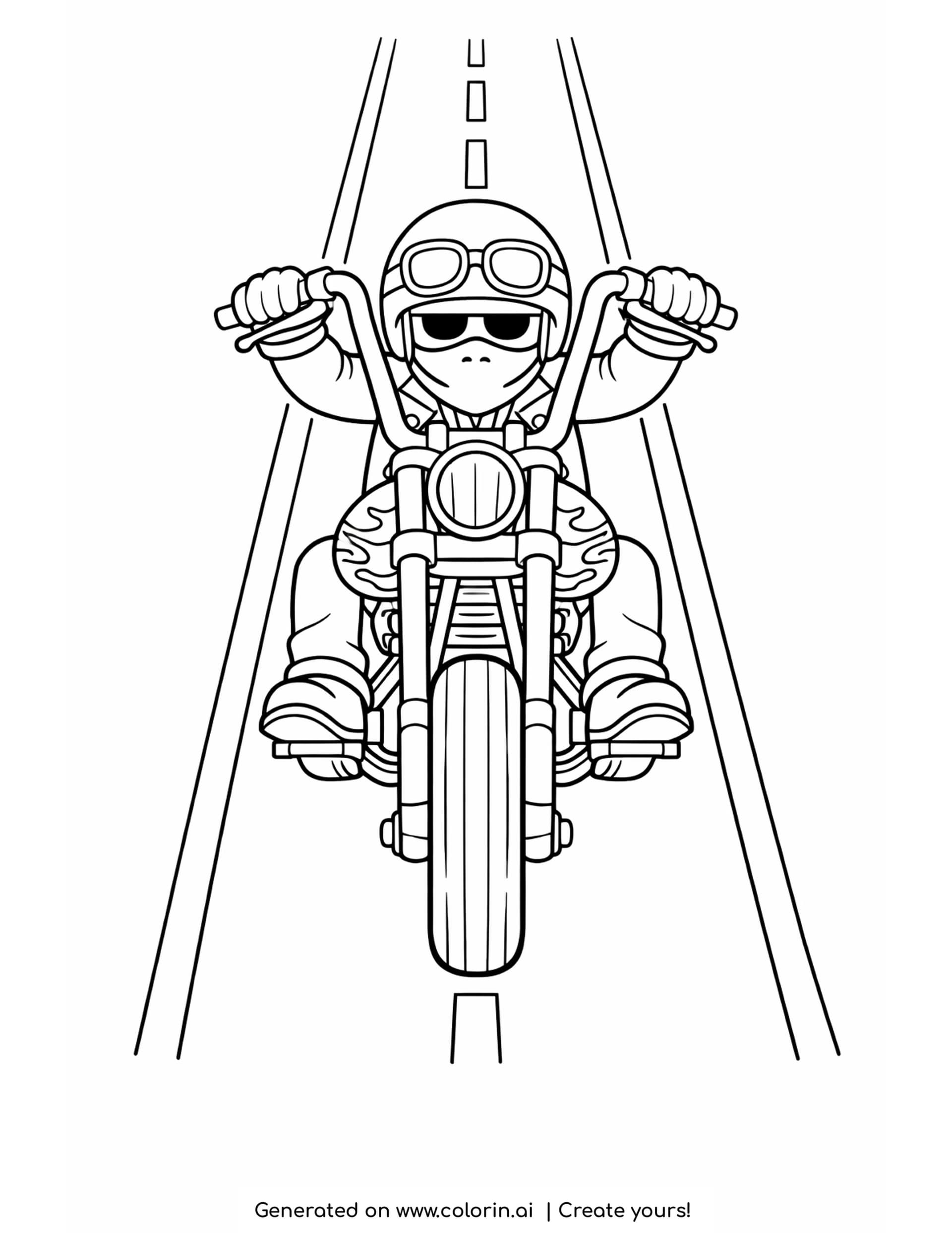 chopper on the highway coloring pages - long chopper with flames on the tank coming toward the viewer on an open road