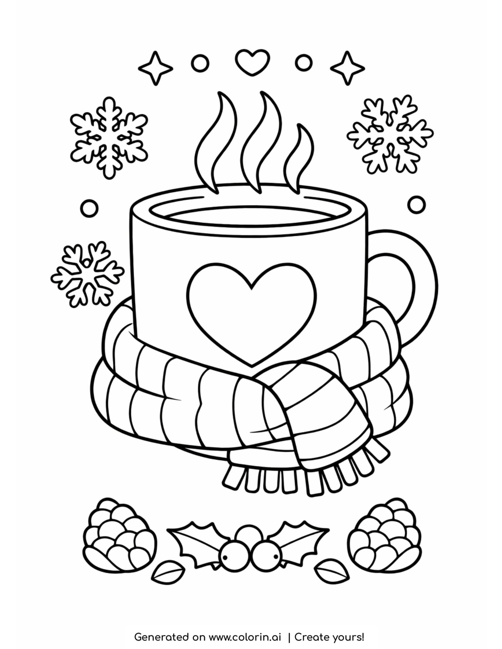 cozy winter coloring pages, a mug wrapped in a striped scarf with a heart and snowflakes