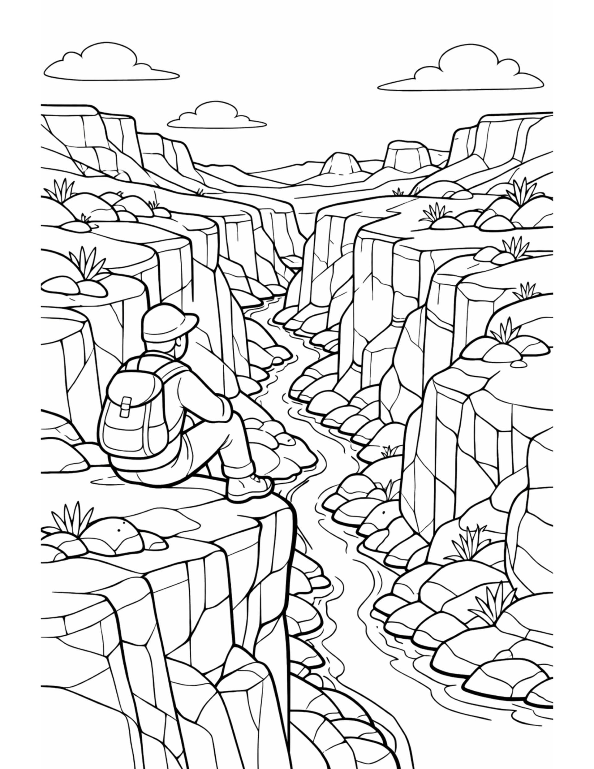 hiker overlooking canyon river coloring page showing a seated backpacker on cliff above a winding stream coloring page