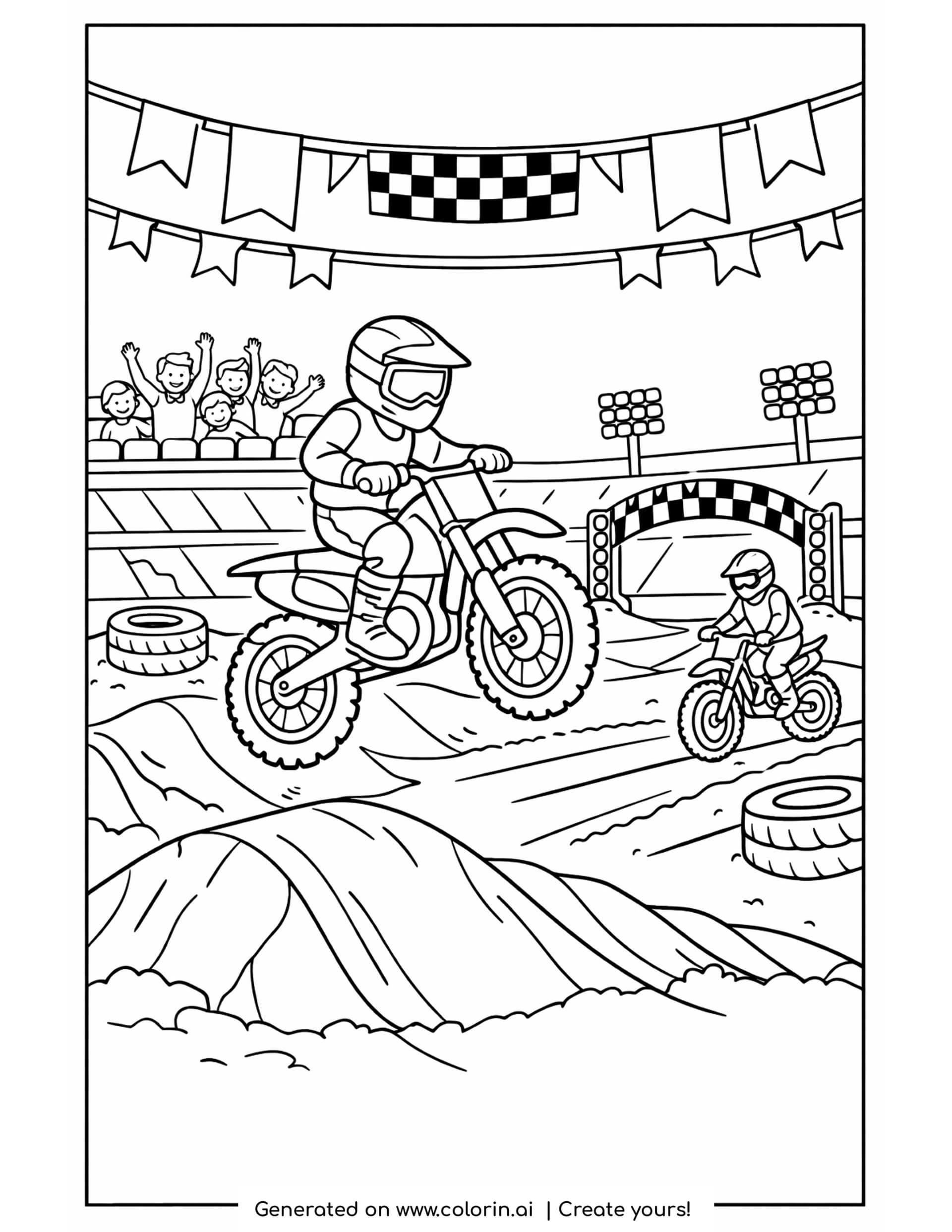 motocross stadium coloring pages - motocross race inside a stadium with dirt jumps in front and a crowd in the stands