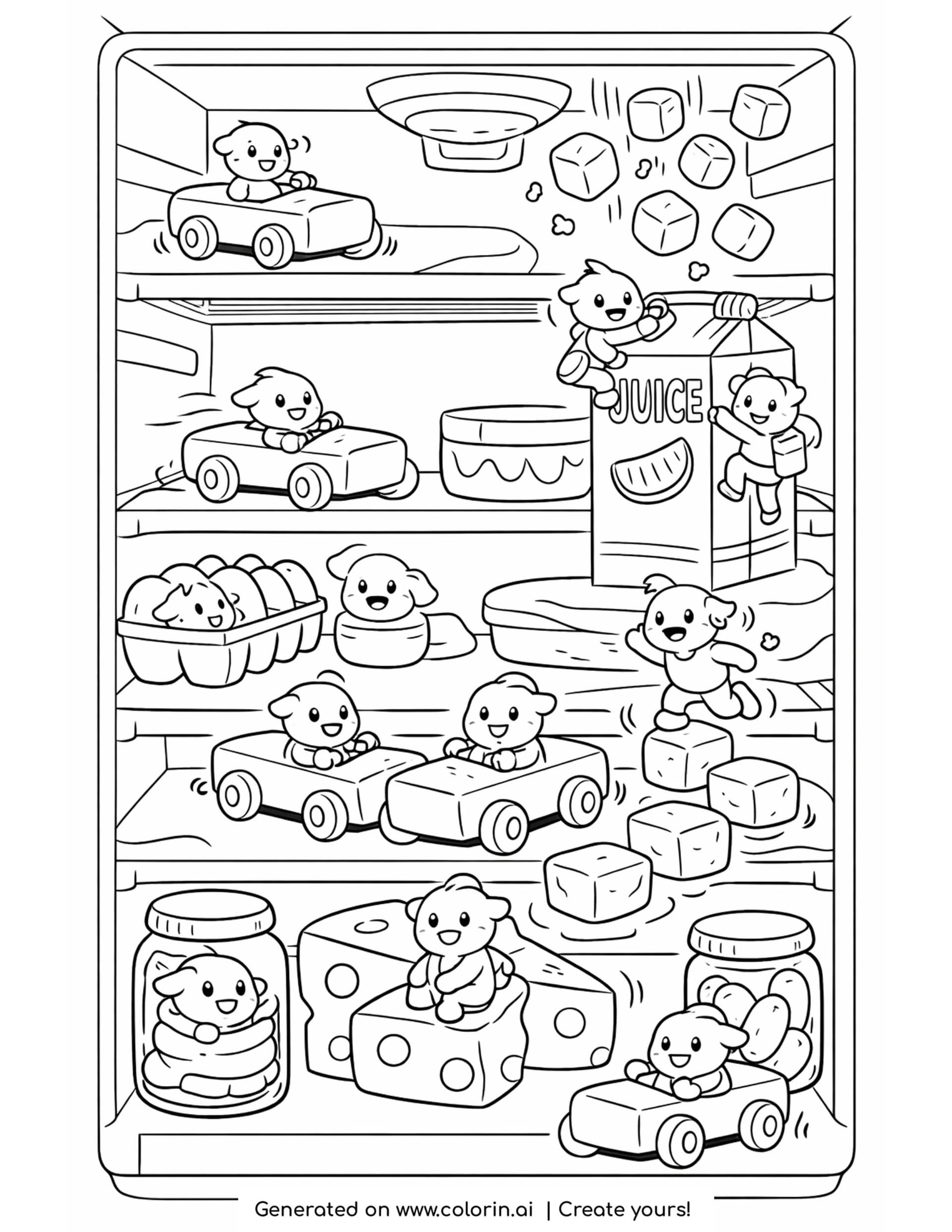 tiny creatures racing butter cars coloring page inside a giant refrigerator with falling ice cubes